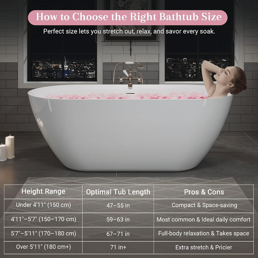 ABRUZZO 63' Acrylic Freestanding Bathtub - Oval Deep Soak Tub, Center Drain & Overflow, cUPC Certified Glossy White