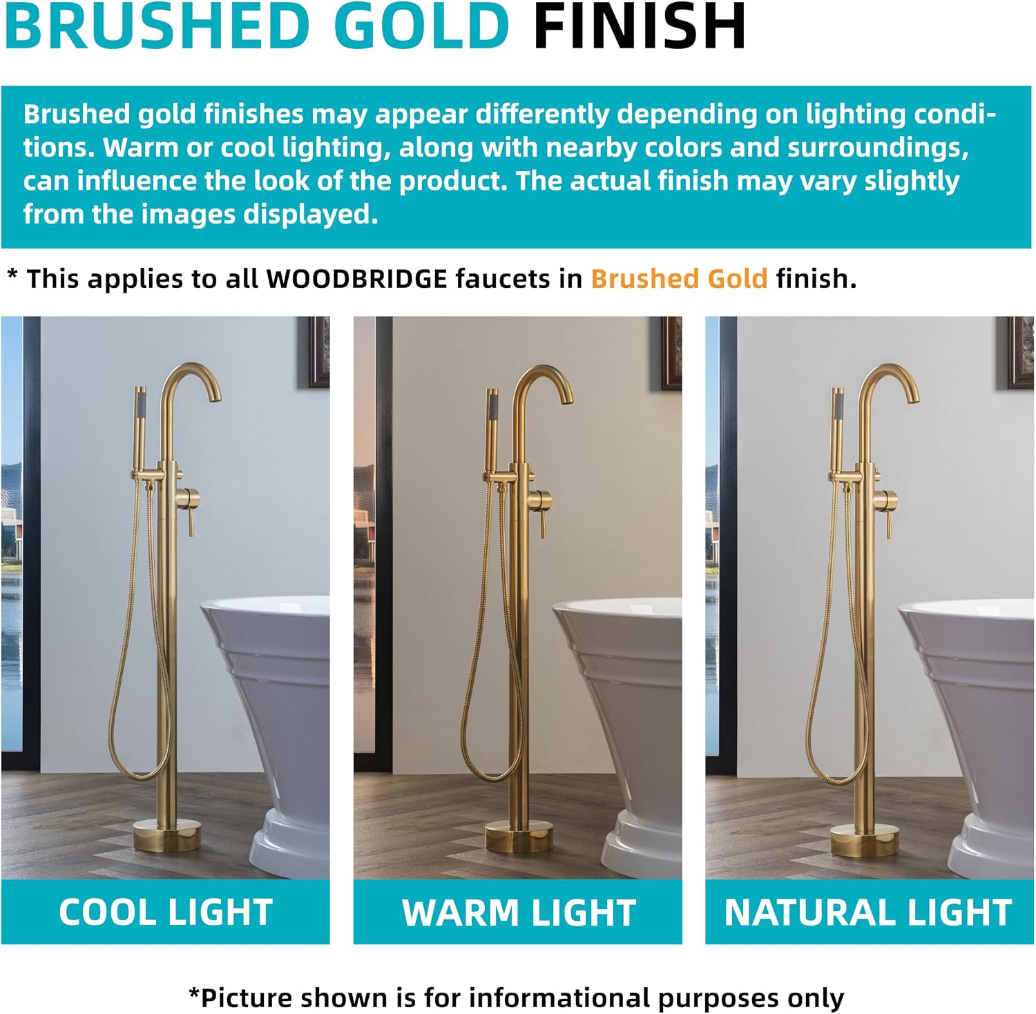 WOODBRIDGE F0008BG Contemporary Single Handle Floor Mount Freestanding Tub Filler Faucet with Hand Shower in Brushed Gold Finish