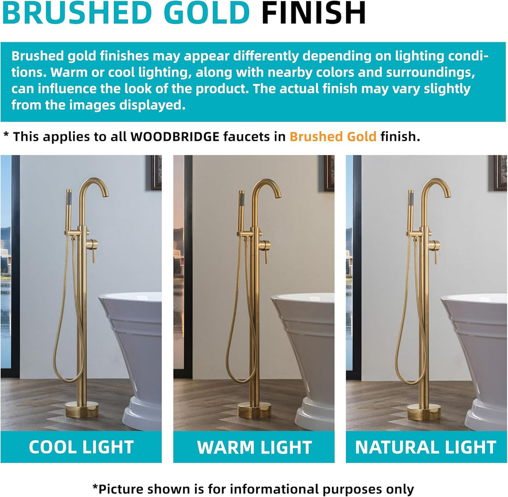 WOODBRIDGE F0007 BG Freestanding Tub Filler Bathtub Floor Mount Brass Bathroom Faucets with Hand Shower, F-0007 Golden, Brushed Gold