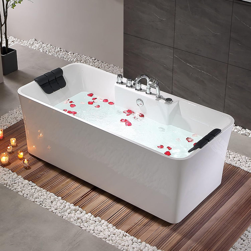 Empava 59' x 30' Freestanding Whirlpool Tub,560W Stand Alone Jetted Bathtub,ETL Certified,Center Drain,Acrylic, 60 Gallons, Rectangle Spacious for Big-Boned or Busty Sizes