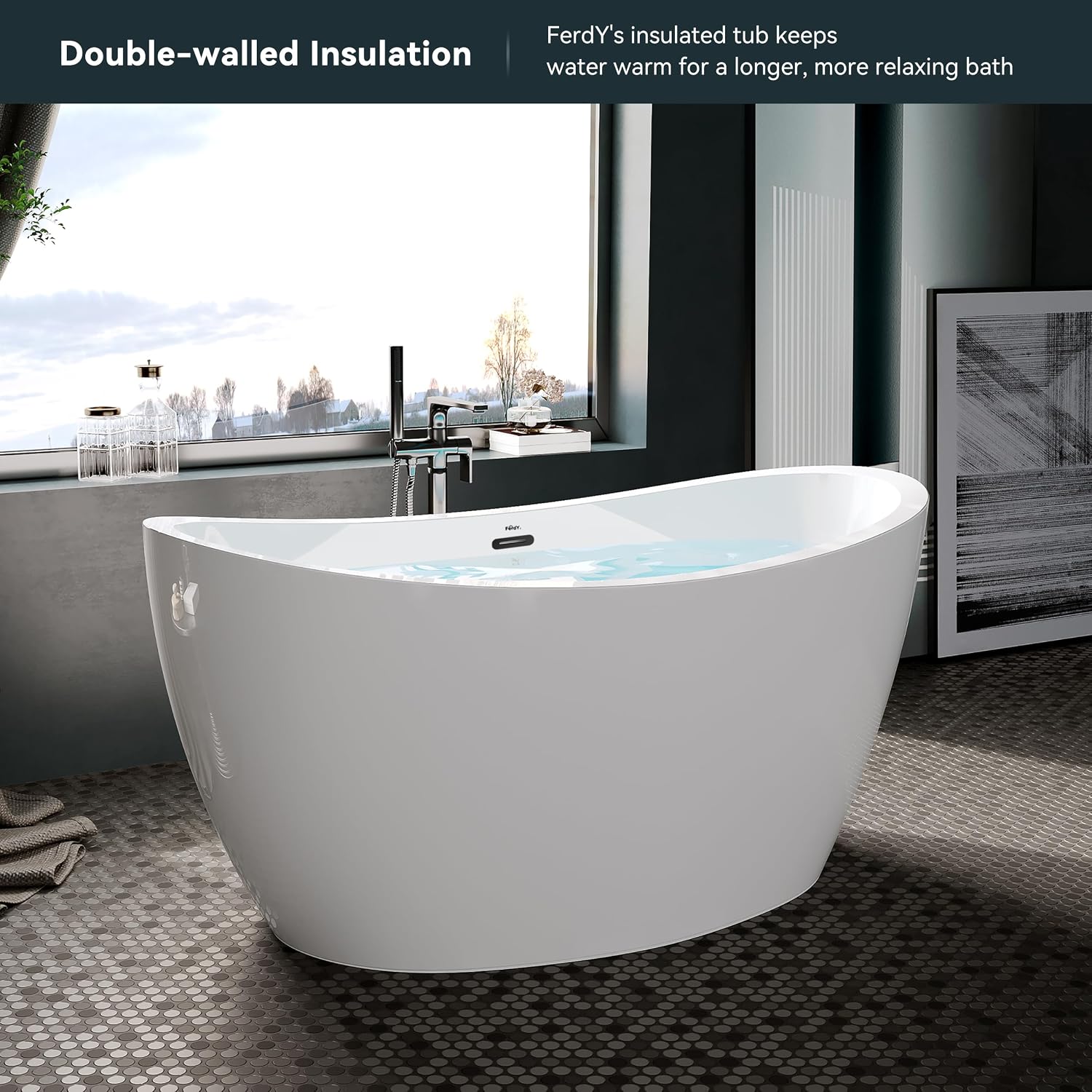 FerdY Naha 59' Acrylic Freestanding Bathtub, Curve Edge Freestanding Soaking Bathtub, Glossy White, cUPC Certified, Matte Black Drain& Bath Pillow for Bathtub,Thick Tub Pillows, Ergonomic Support