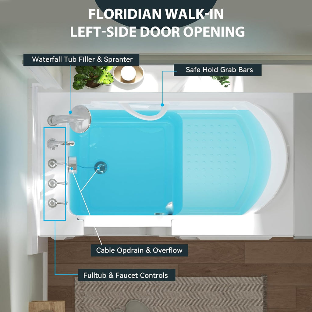 FerdY Floridian 52' x 30' Walk-in Bathtub with Left-Side Door Opening and Quick Fill and Drain System, Rectangular Soaking Bathtub in White
