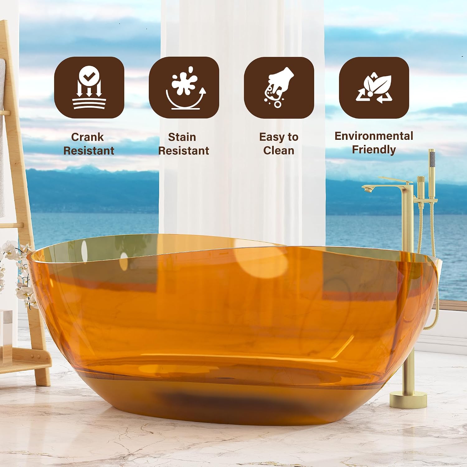 CASAINC 63' Freestanding Bathtub Transparent Resin Soaking Tub Modern Oval Design Stand Alone Tub with Pop-up Drain, 65.52 Gallons Water Storage Capacity and 385 MM Soaking Depth, Transparent Coffee