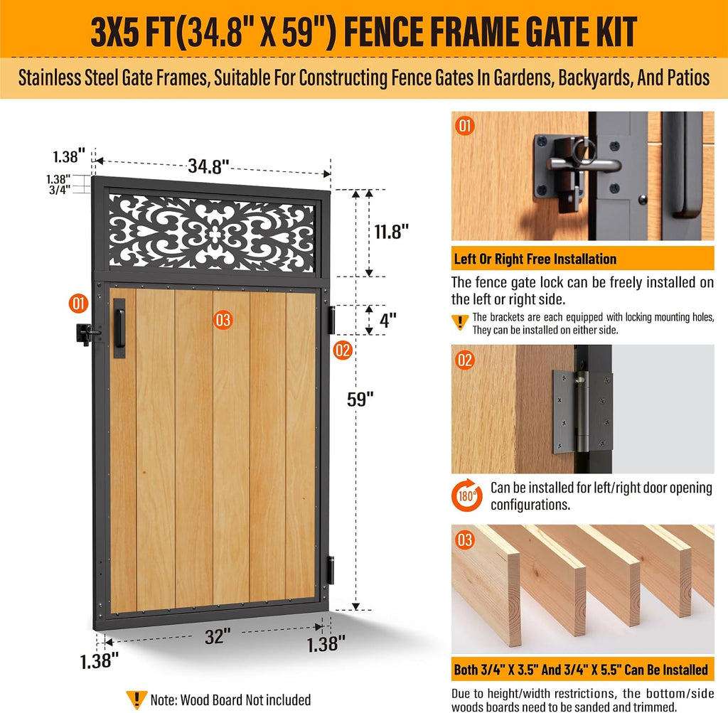 3x5FT Fence Gate Frame Kit 201 Stainless Steel Anti-Sag Heavy Duty Garden Gate Reinforcement Hardware, Left/Right Mount (No Panels Included)(34.8'W X 59'H)
