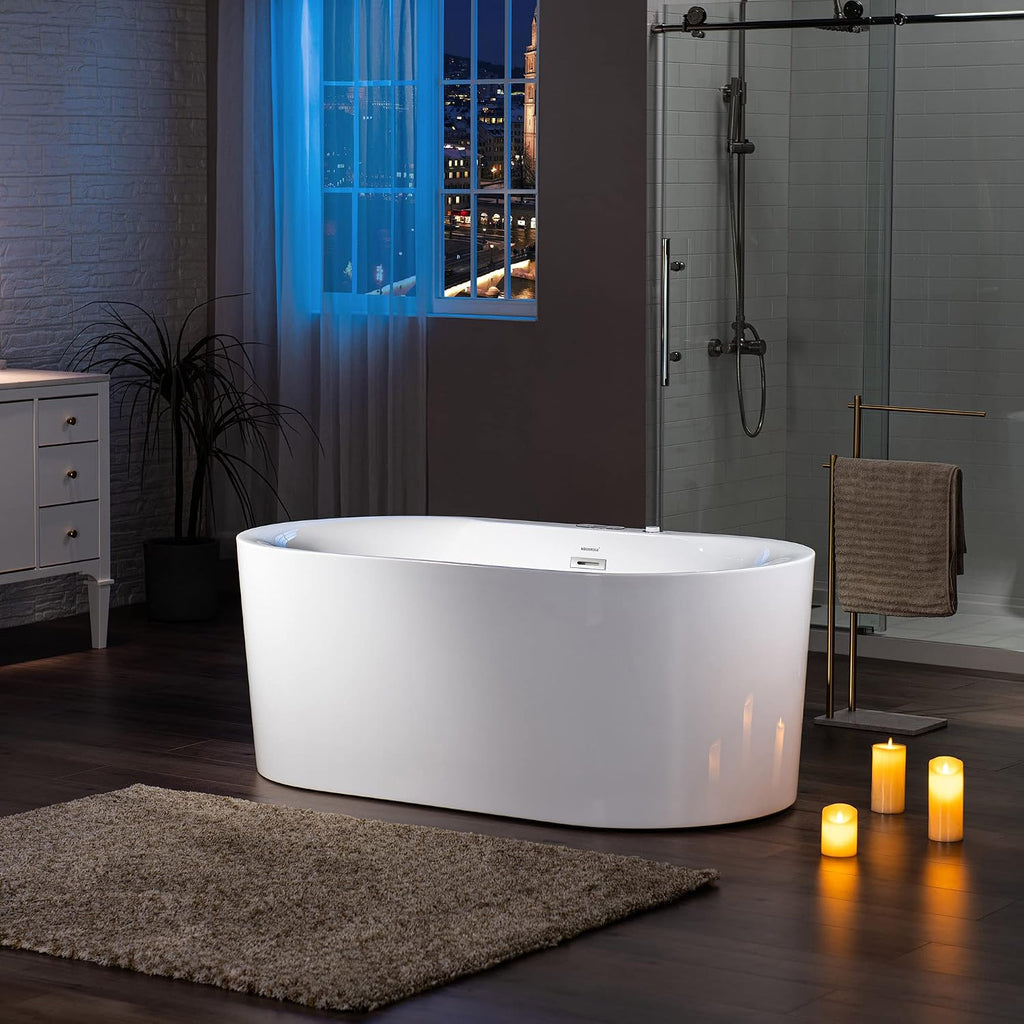 WOODBRIDGE 59' x 31-1/2' Whirlpool Water Jetted and Air Bubble Freestanding Heated Soaking Combination Bathtub with LED control panel, BJ100, White | Whirlpool Water Jetted, Air Bubble, Heated Soaking, LED Control Panel