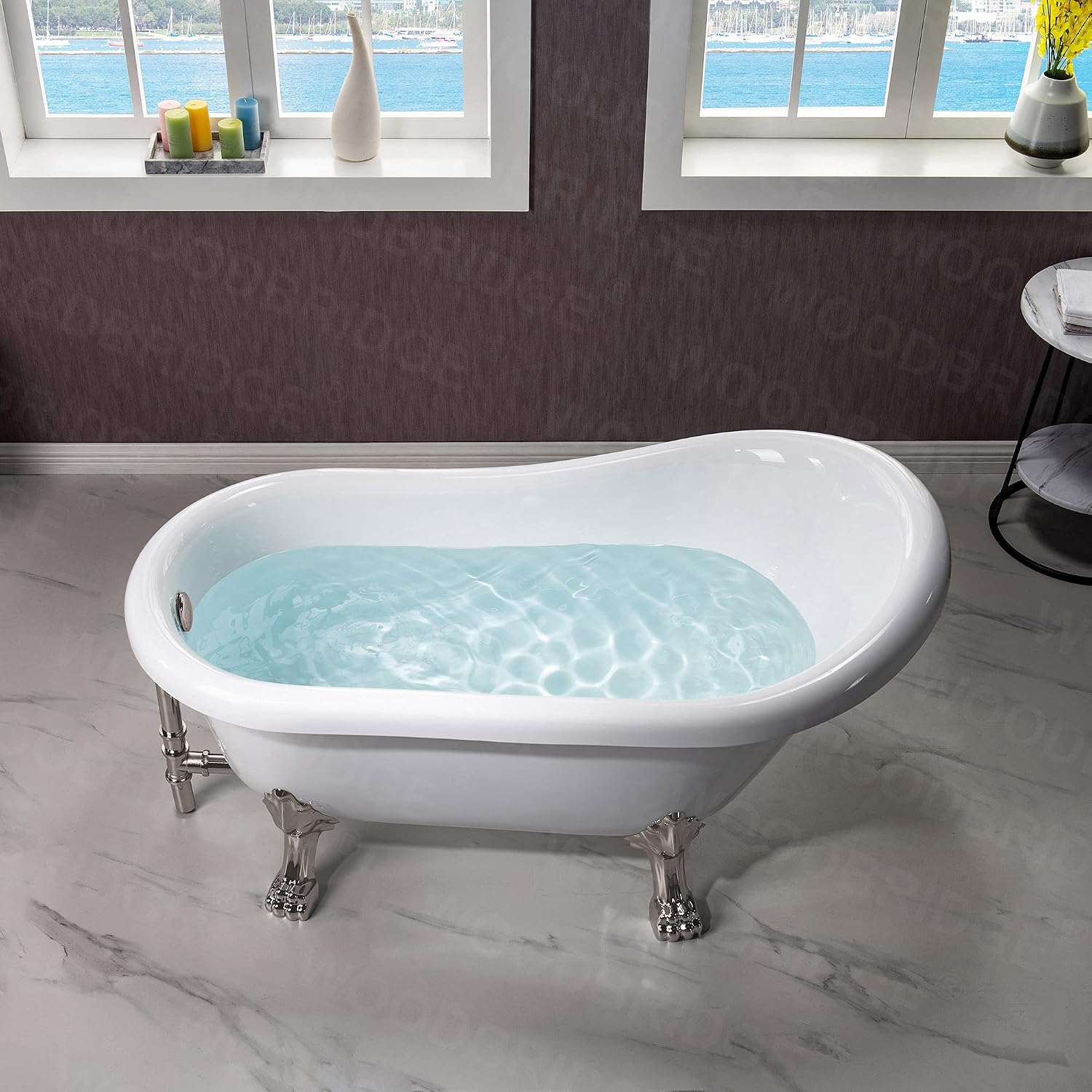 WOODBRIDGE 54' Heavy Duty Acrylic Slipper Clawfoot Bath Tub with Brushed Nickel Feet + Brushed Nickel Drain &Overflow