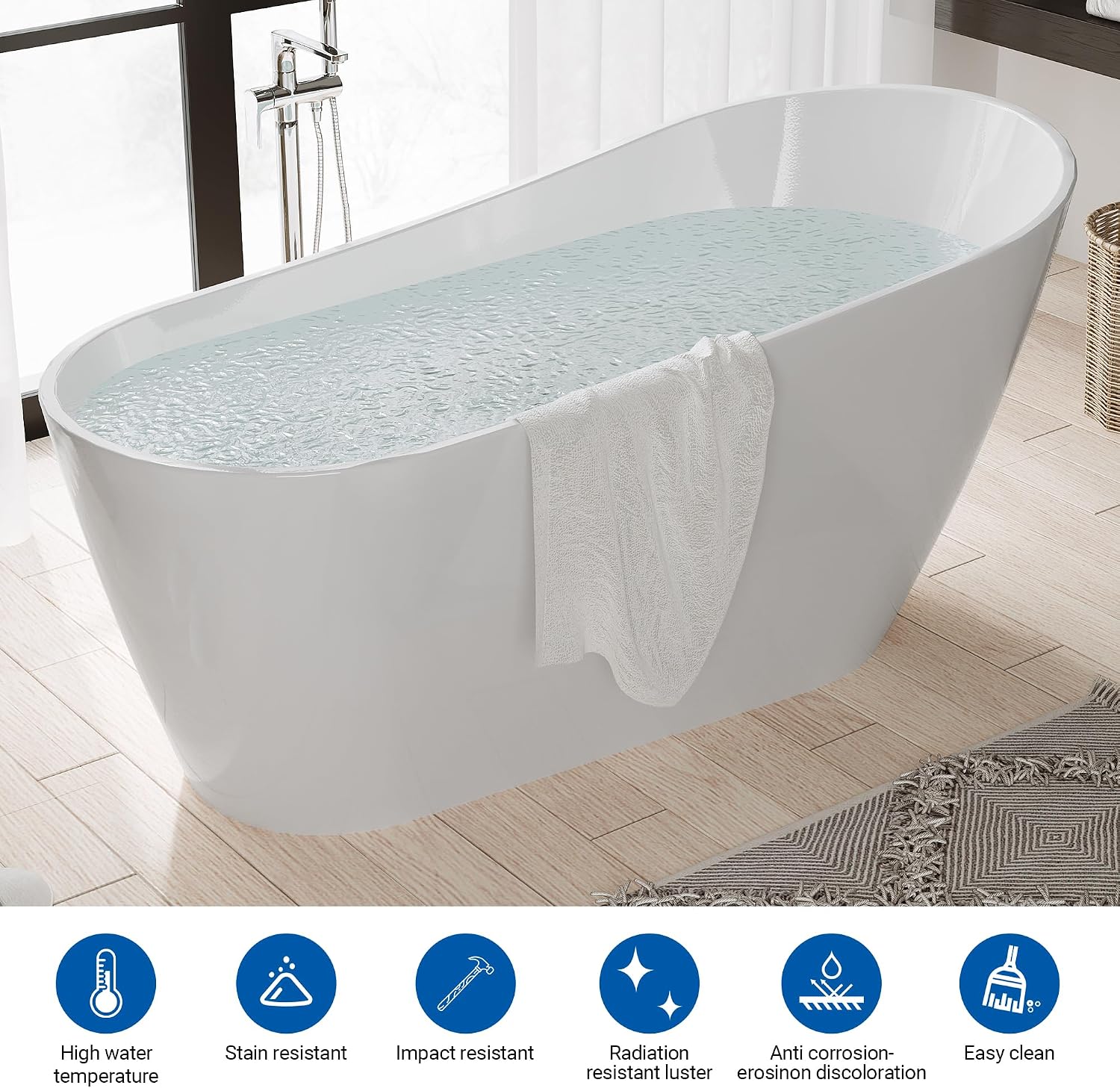 67 in Acrylic Freestanding Bathtub, Soaking Bathtub with Matte Drain and Overflow, Modern Square Tub with Deep Ergonomic Design and Double-Walled Insulation, Double-Walled Insulation, CUPC Certified