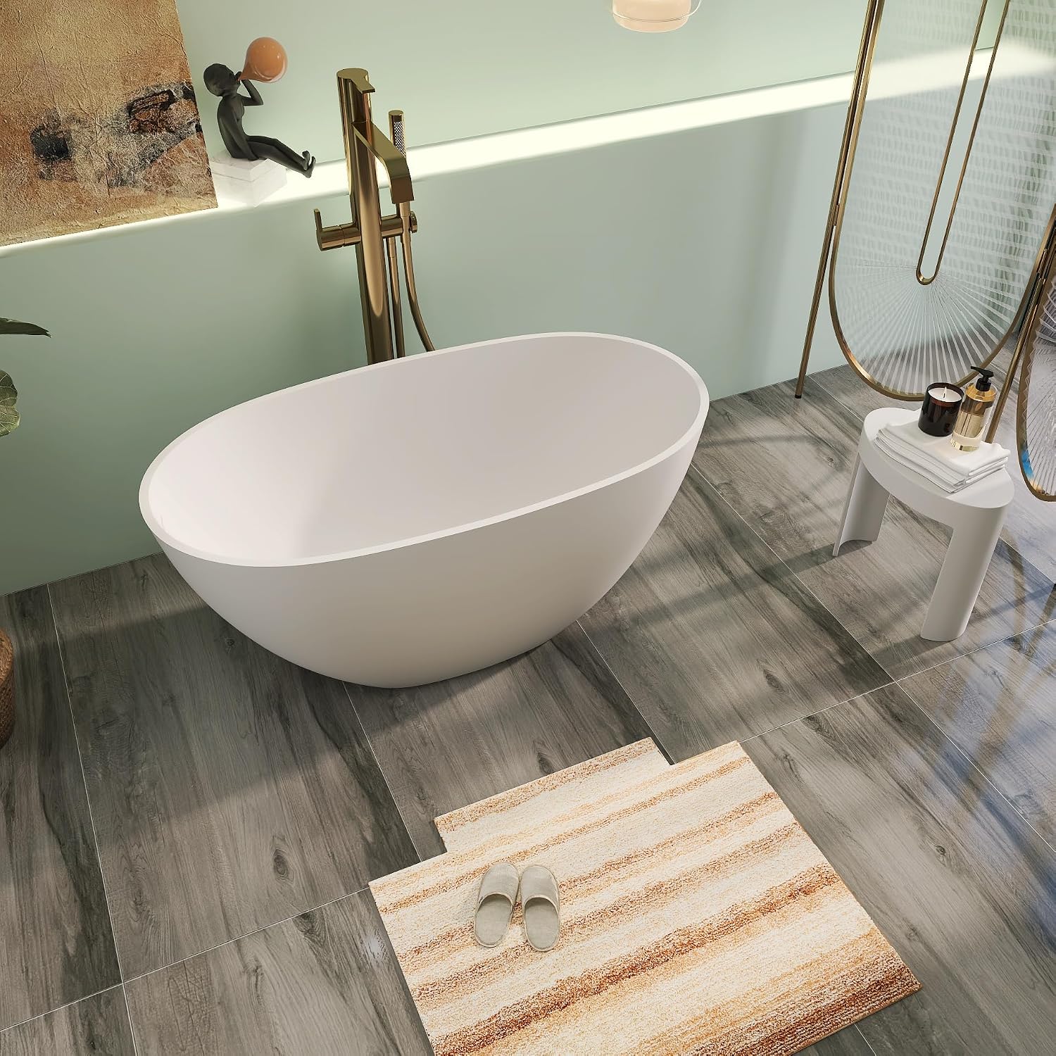 51' Premium Solid Surface Freestanding Bathtubs, Unique Oval Stone Resin Bath Tub with Overflow and Pop-up Drain, Matte White