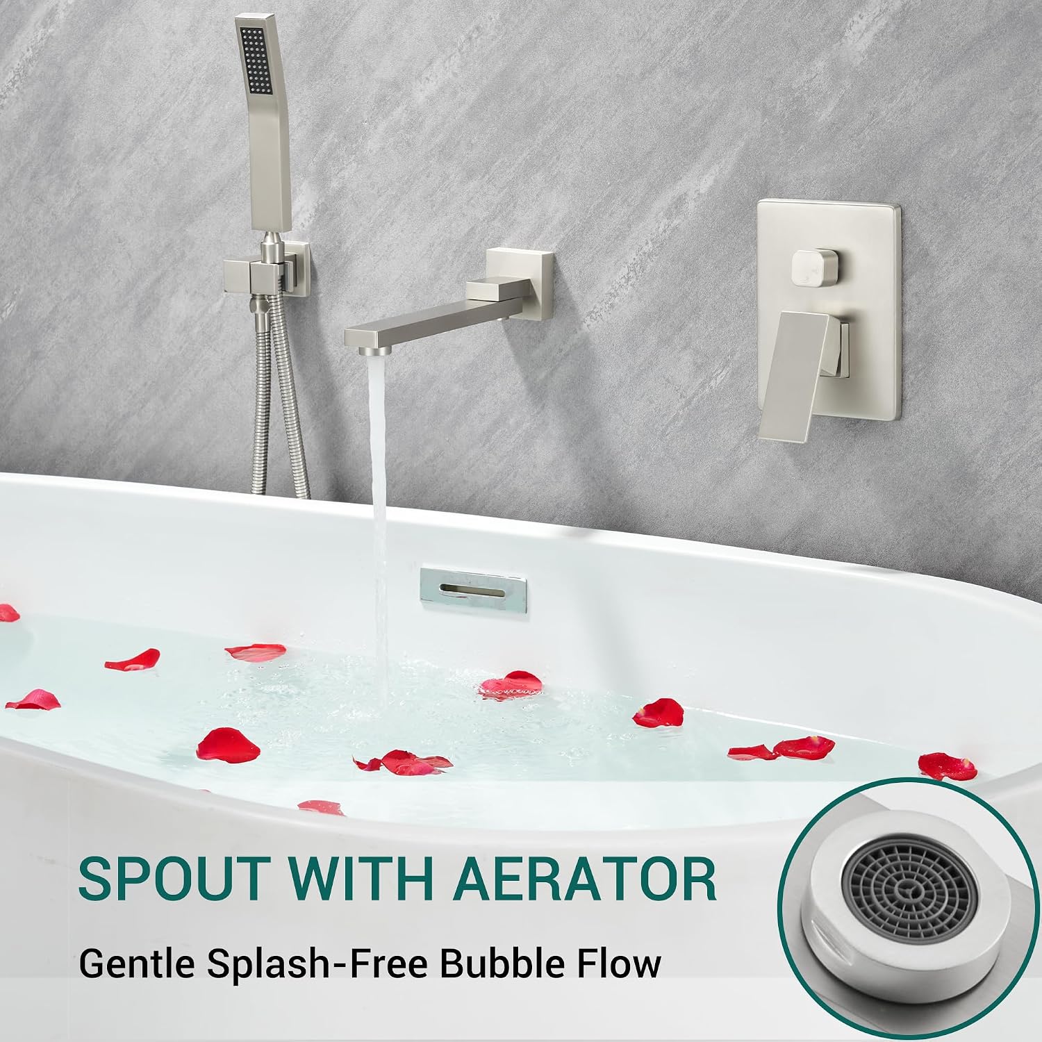 DASAN Swiveling Wall Mount Tub Filler Faucet Set with Hand Held Shower, Brushed Nickel Modern Creative Bathtub Faucet Wall Mounted Bath Tub Faucet with High Flow Rough in Valve, SA-TF05WH-BN
