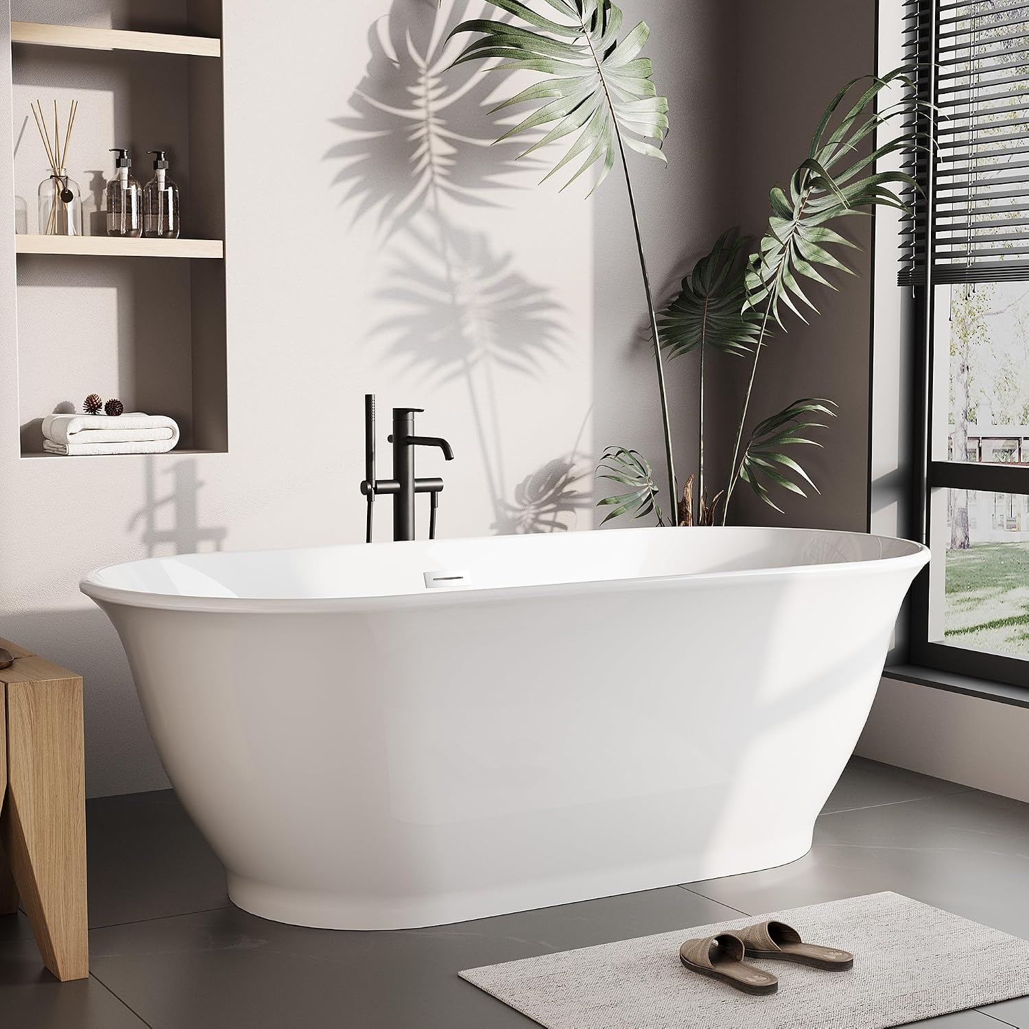 All-White Ergonomic Freestanding Acrylic Bathtub, 67 Inch Deep Soaking Tub, Double-Walled Insulation, Chrome Drain & Overflow, cUPC Certified, Easy Installation, Freestanding Bathtub