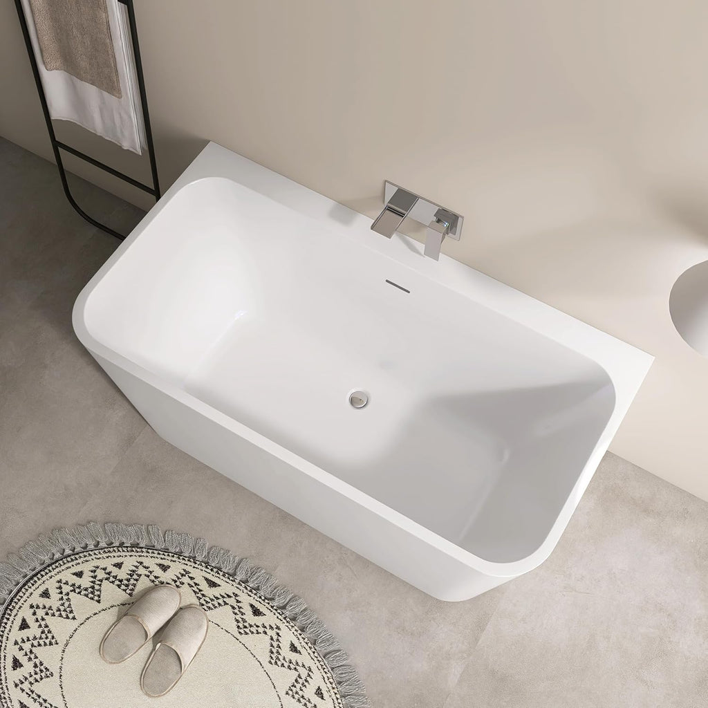 SJ STAR&JANE 55 Inch Acrylic Freestanding Bathtub,Modern Back to Wall Soaking Tub, Stand alone Acrylic Tub Integrated Center Drain & Overflow, Glossy White