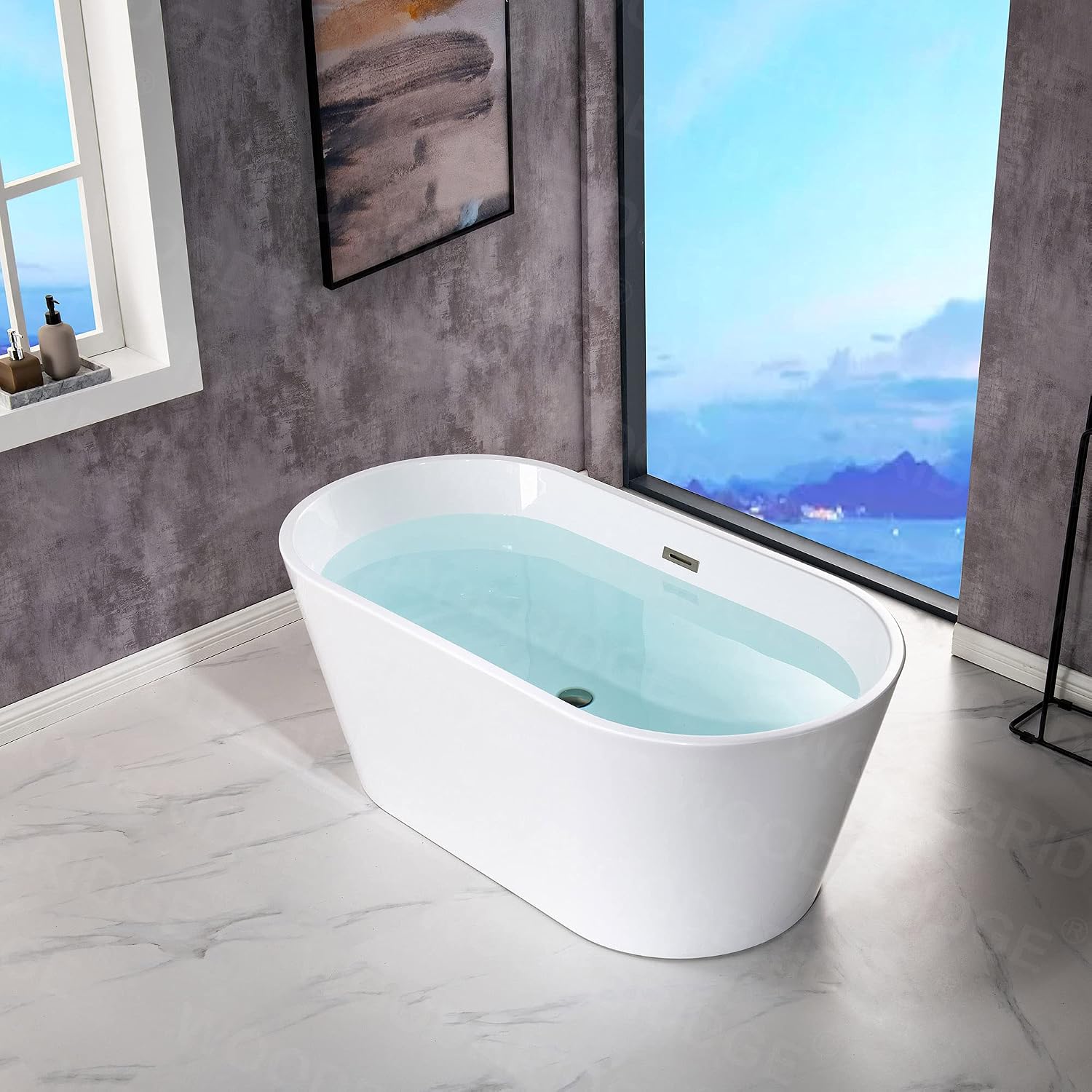 WOODBRIDGE 54' Acrylic Freestanding Bathtub Contemporary Soaking White Tub with Chrome Overflow and Drain,BTA1702-C-Drain &O