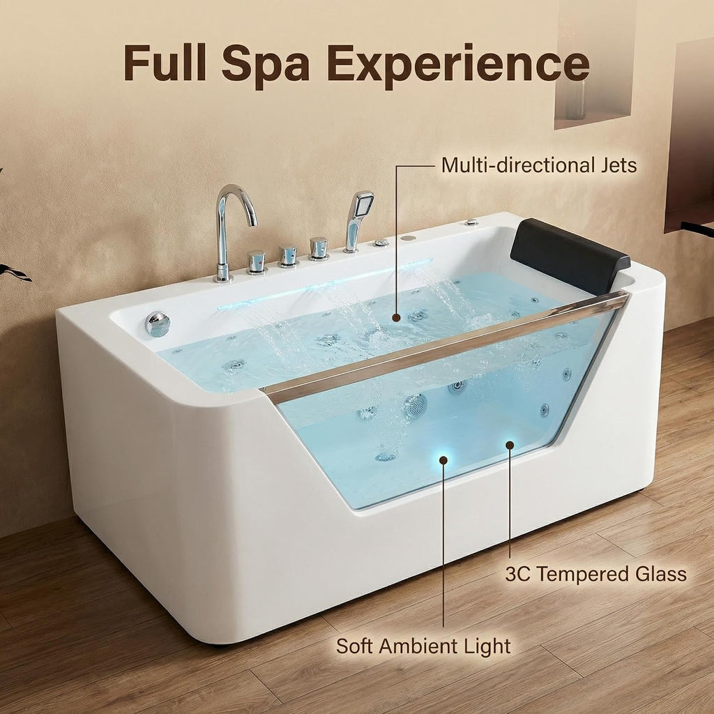 67' Whirlpool Bathtub, Jetted Hydrotherapy Tub with 7 Adjustable Jets & Glass Panel, 89-Gallon 3-Side Apron Alcove Soaking Tub in White