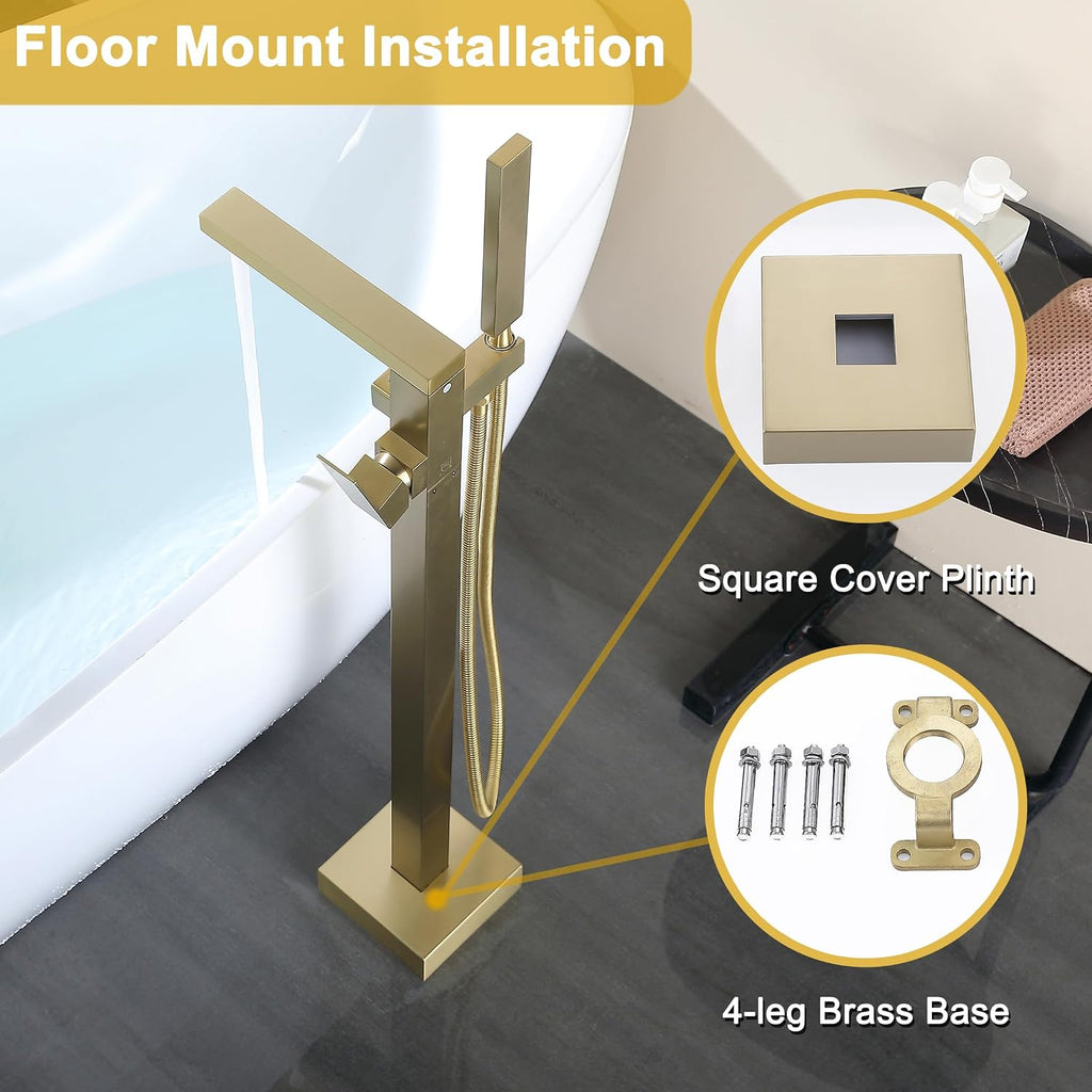 Freestanding Bathtub Faucet Brushed Gold, Floor Mounted Tub Filler Tub Faucet, 304 Stainless Steel Free Standing Tub Faucets with Hand Shower, SE-3003-BG