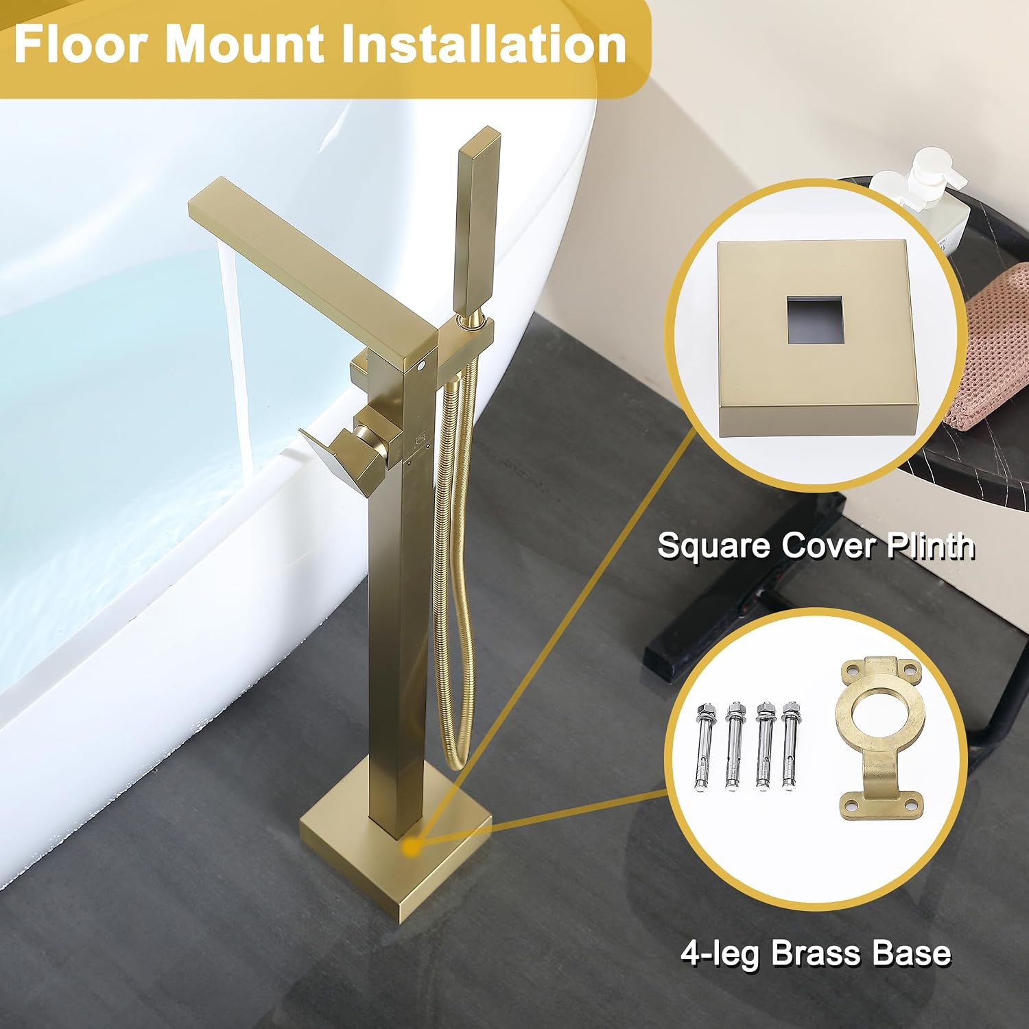 Freestanding Bathtub Faucet Brushed Gold, Floor Mounted Tub Filler Tub Faucet, 304 Stainless Steel Free Standing Tub Faucets with Hand Shower, SE-3003-BG