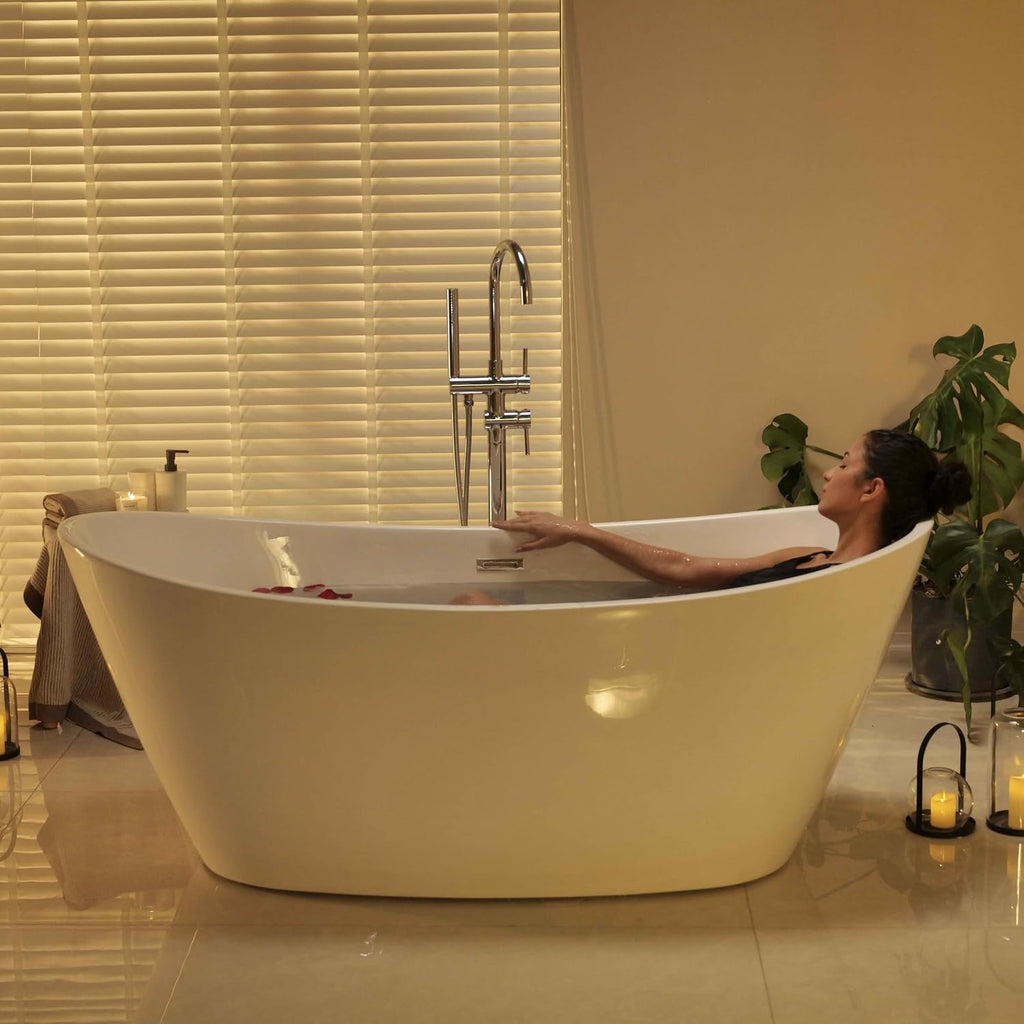 67' Luxury Freestanding Bathtub - Deep Soak Acrylic Tub for Master Bathroom, Modern Standalone Shower Tub with Overflow Drain, Non-Slip Flat Bottom Design, Spa Experience at Home,cUPC Certified