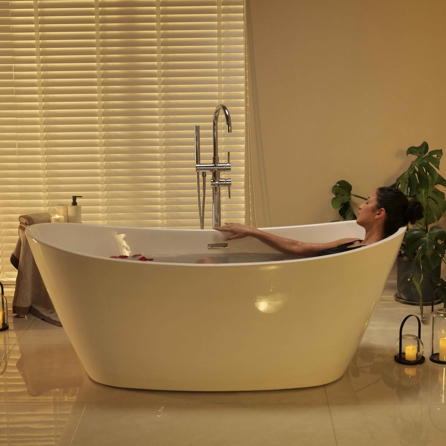 67' Luxury Freestanding Bathtub - Deep Soak Acrylic Tub for Master Bathroom, Modern Standalone Shower Tub with Overflow Drain, Non-Slip Flat Bottom Design, Spa Experience at Home,cUPC Certified
