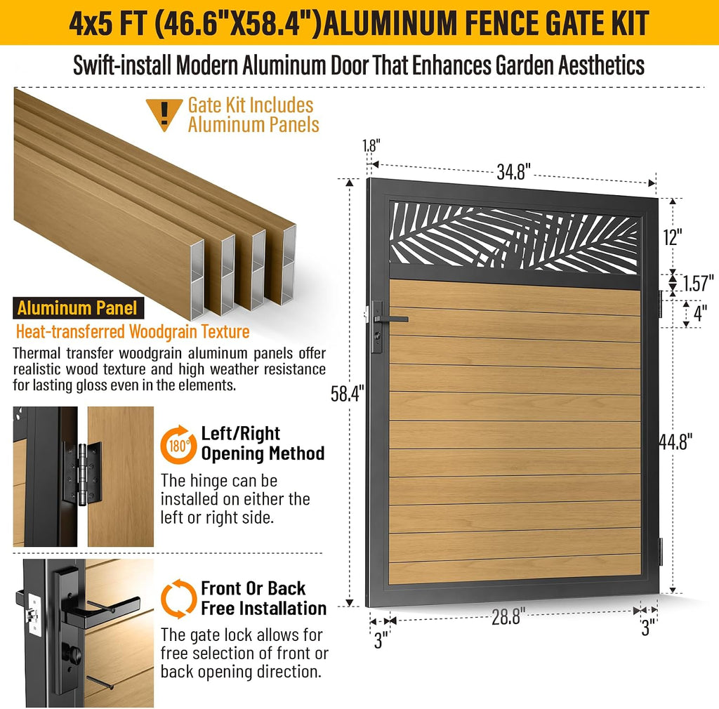 4x5 FT Aluminum Fence Gate Kit Wood Grain Aluminum Gate with Decorative Cutout, Lock & Hinges, Left/Right Opening, Weather Resistant for Yard Garden Patio
