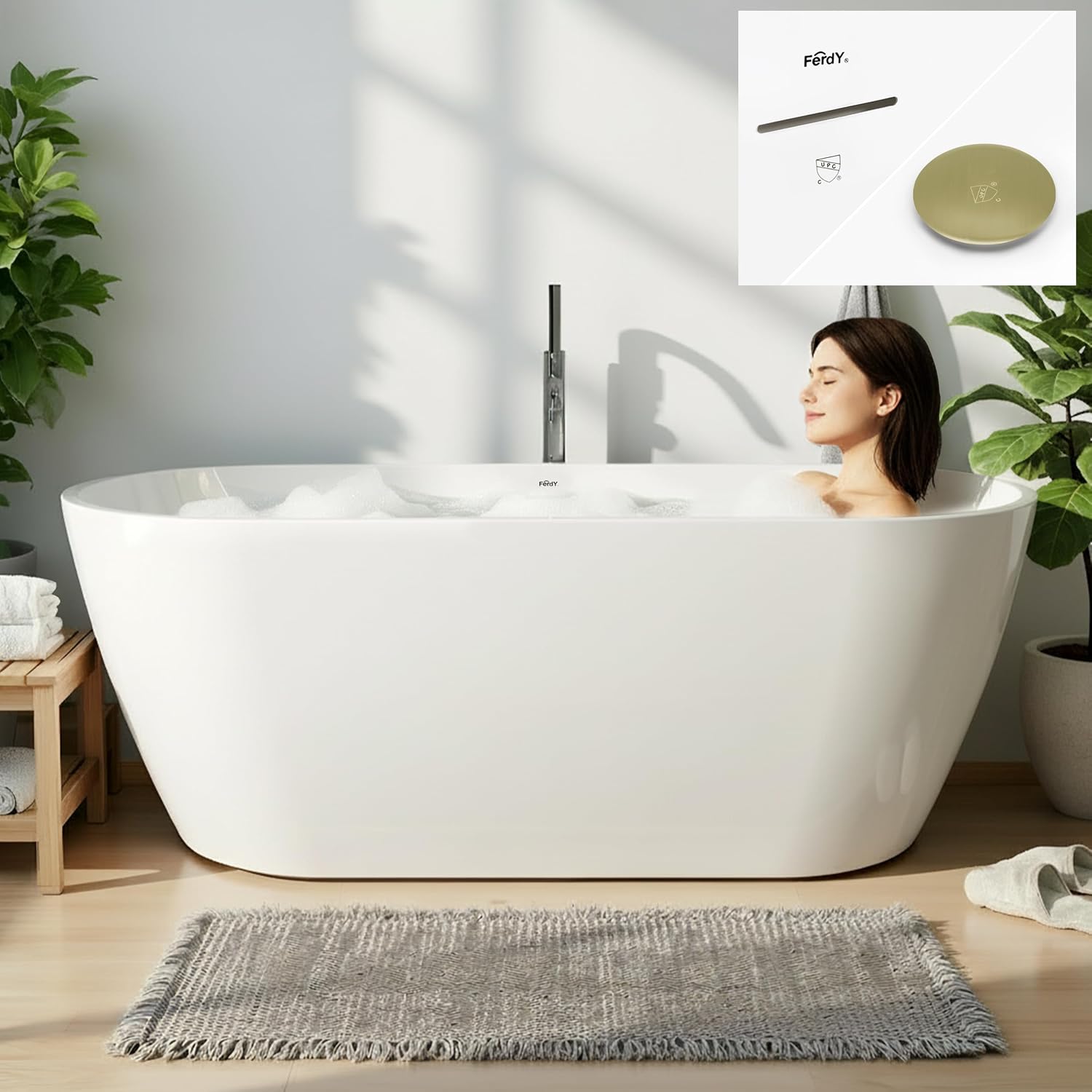 FerdY 67' Acrylic Freestanding Bathtub, Contemporary Soaking tub with Brushed Gold Drain, cUPC Certified, Elegant Oval Shape, Bali