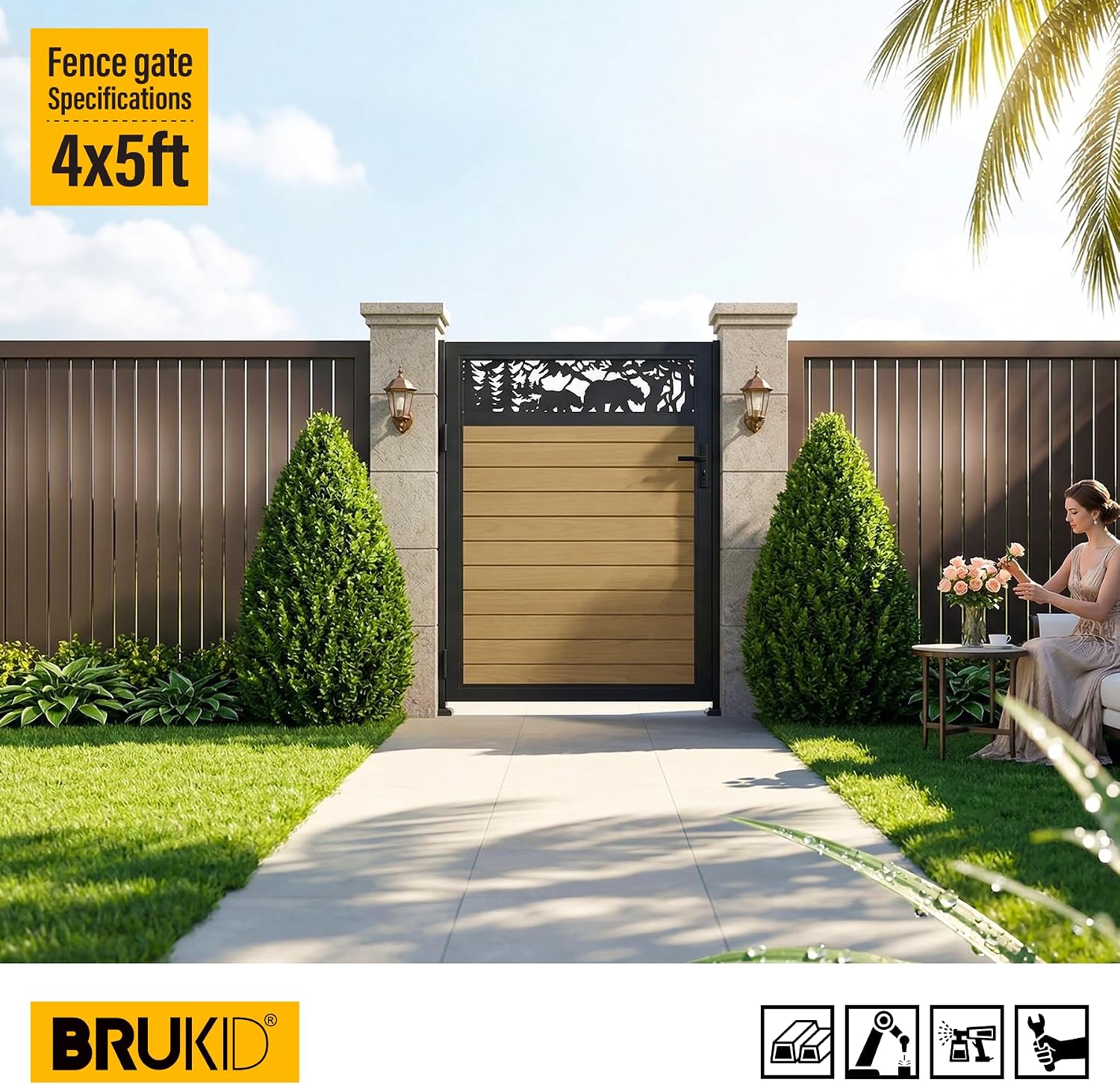 4x5 FT Aluminum Fence Gate Kit Wood Grain Aluminum Gate with Decorative Cutout, Lock & Hinges, Left/Right Opening, Weather Resistant for Yard Garden Patio