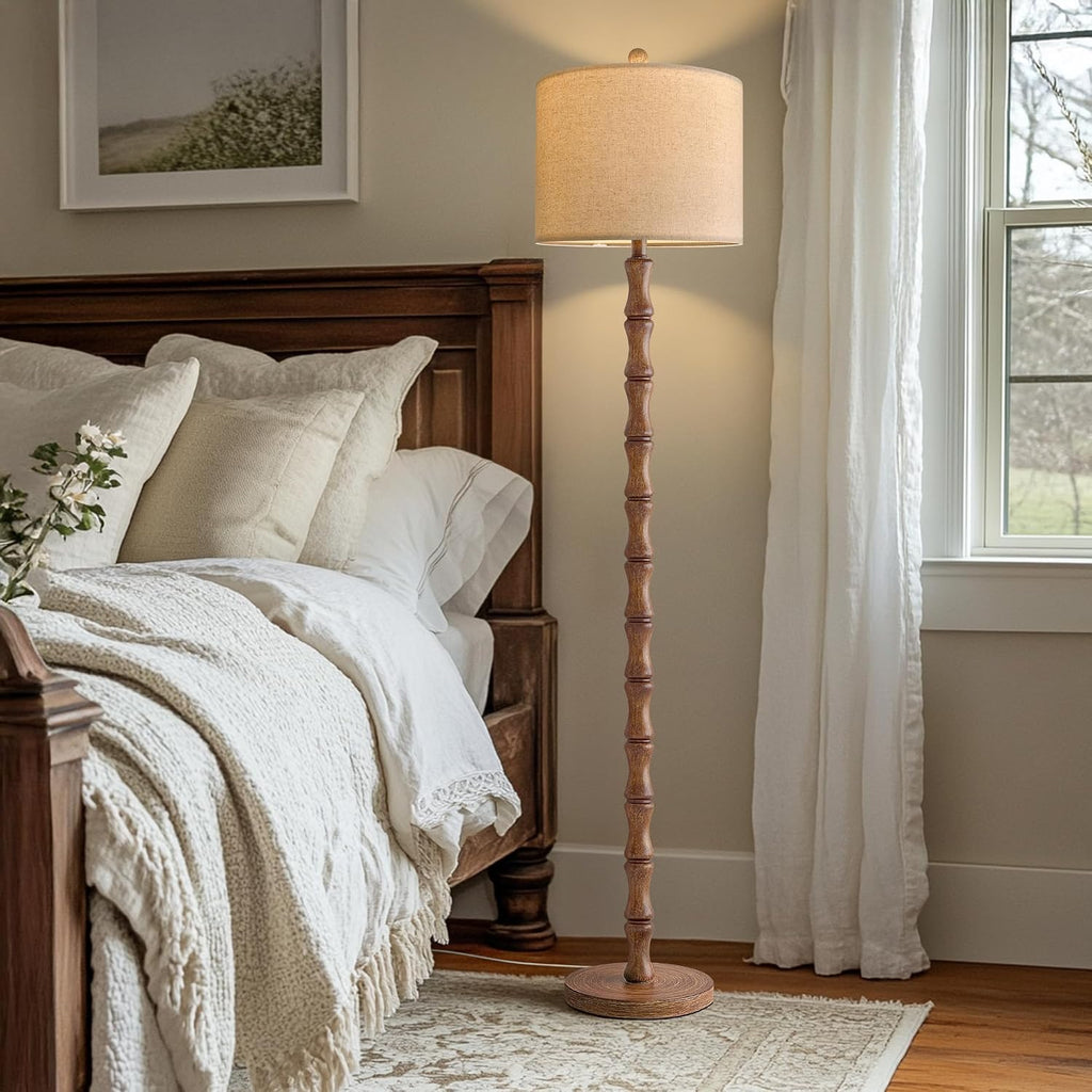BOBOMOMO Farmhouse Table and Floor Lamp Set of 3, Vintage Lamp Set with Fabric Shade for Living Room, Bedroom, Side Table, Reading Corner