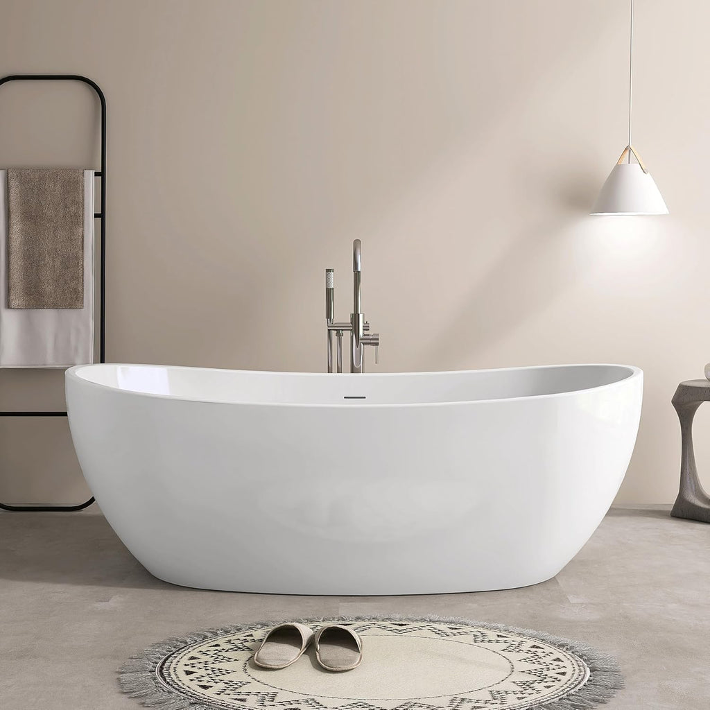 SJ STAR&JANE 65' Freestanding Bathtub, Acrylic Soaking Bathtub, Modern Acrylic Stand Alone Tub in white Intergrated Drain and Overflow,cUPC Certified