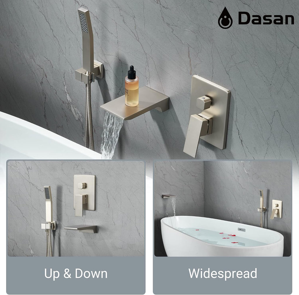 DASAN Waterfall Tub Filler Faucet Wall Mount with Hand Shower, Modern Wall Mounted Bathtub Faucet Brushed Nickel Tub Faucet with High Flow Rough in Valve, SA-TF01WH-BN