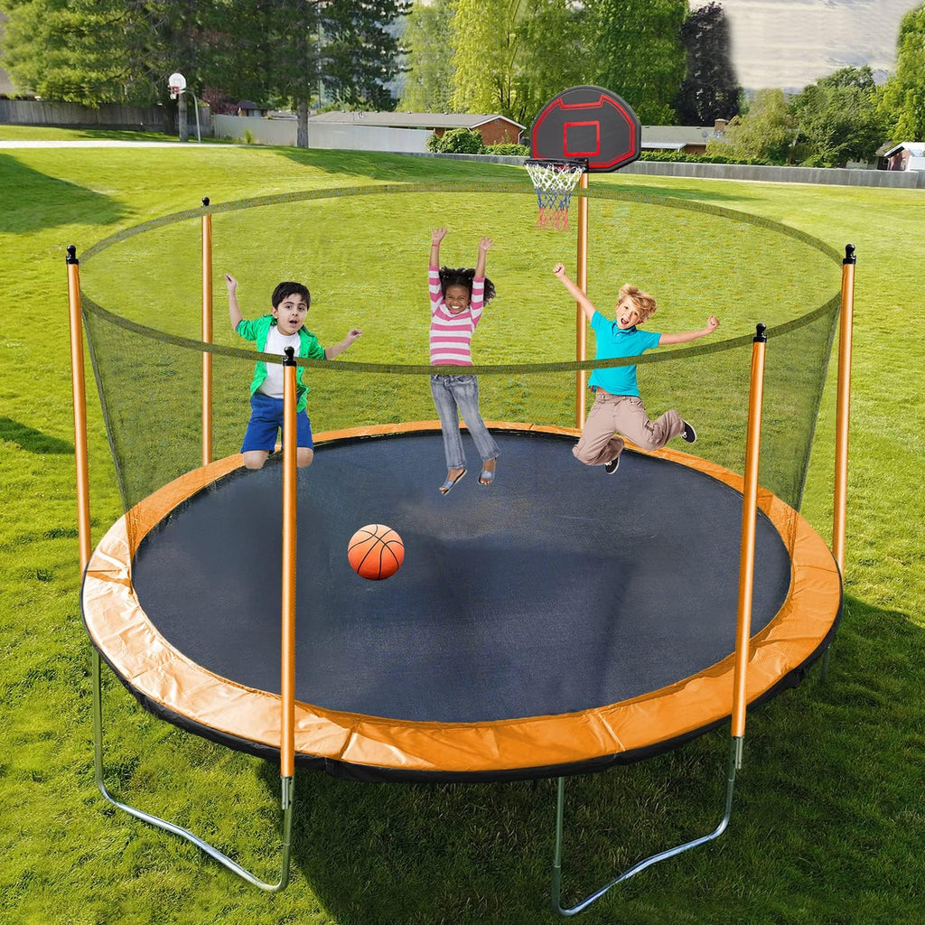 1500LBS 16FT 15FT 14FT 12 FT 10FT 8FT Tranpoline for Kids and Adults with Sprinkler, Lights with Music Speaker, Socks, Water Ball, Heavy Duty Outdoor Tranpoline with Net Enclosure and Ladder