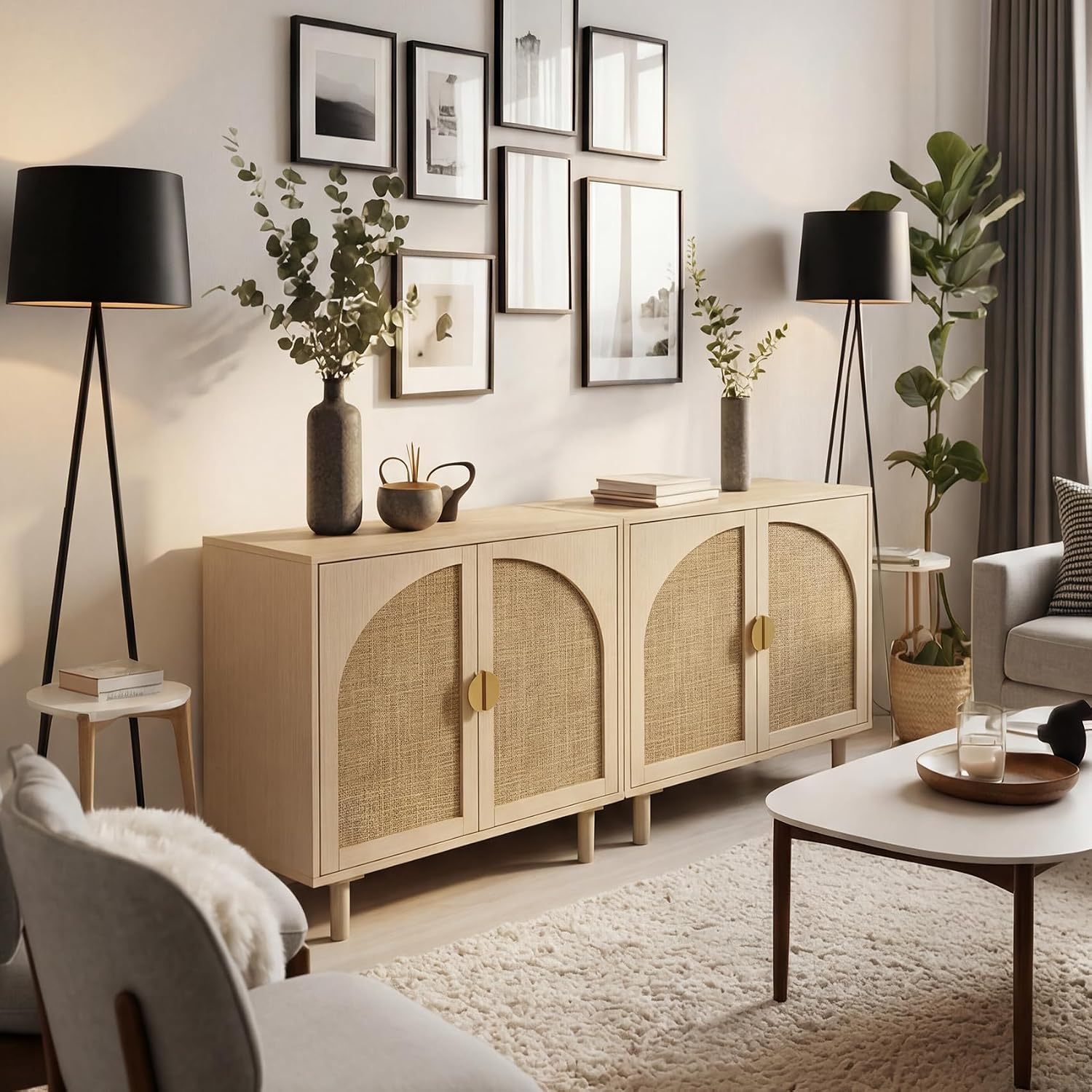 Rattan Storage Cabinet, Beige Boho Sideboard with Adjustable Shelf, Magnetic Door Latch. [2pcs, Beige]