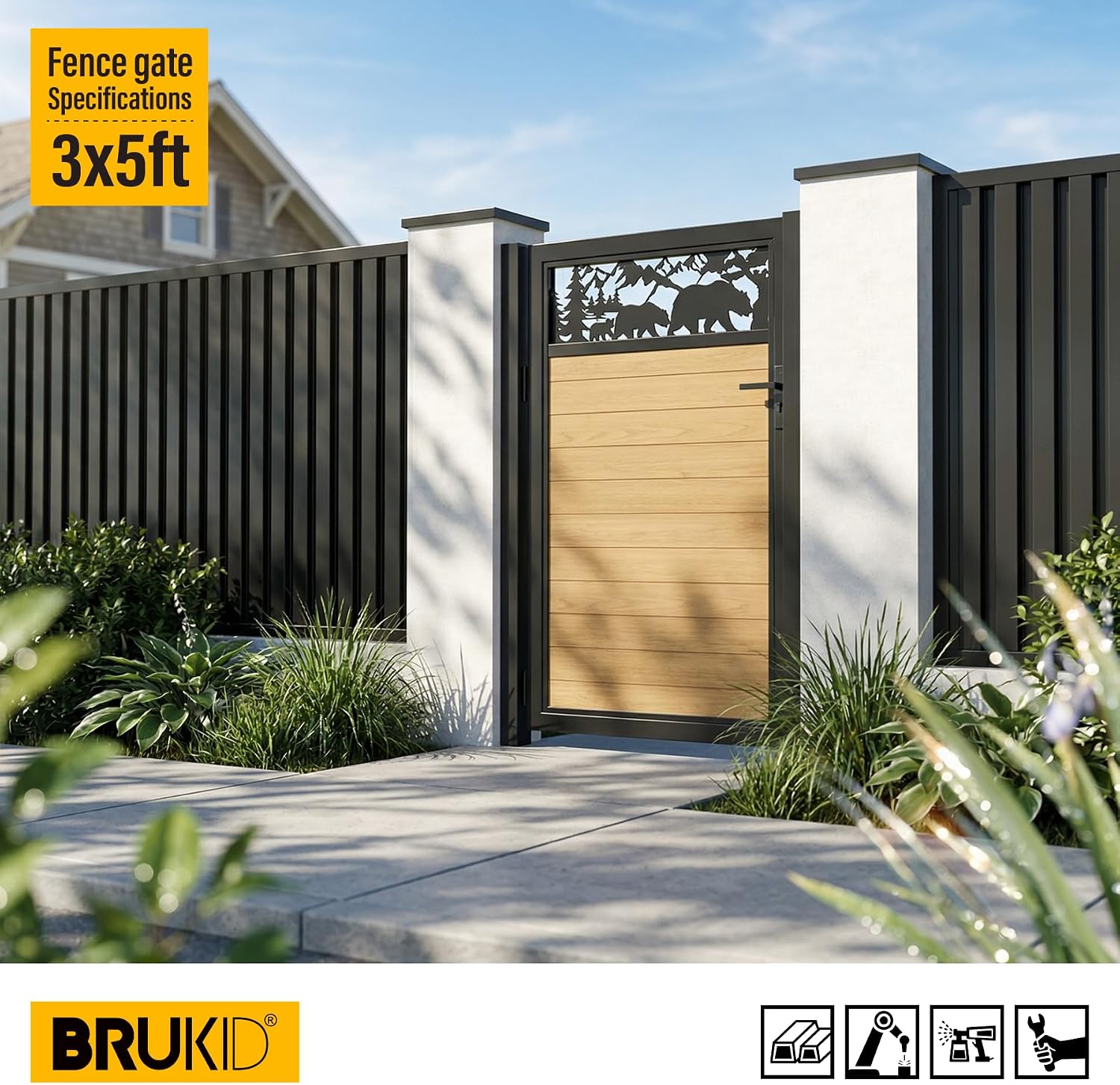 3x5 FT Aluminum Fence Gate Kit Wood Grain Aluminum Gate with Decorative Cutout, Lock & Hinges, Left/Right Opening, Weather Resistant for Yard Garden Patio