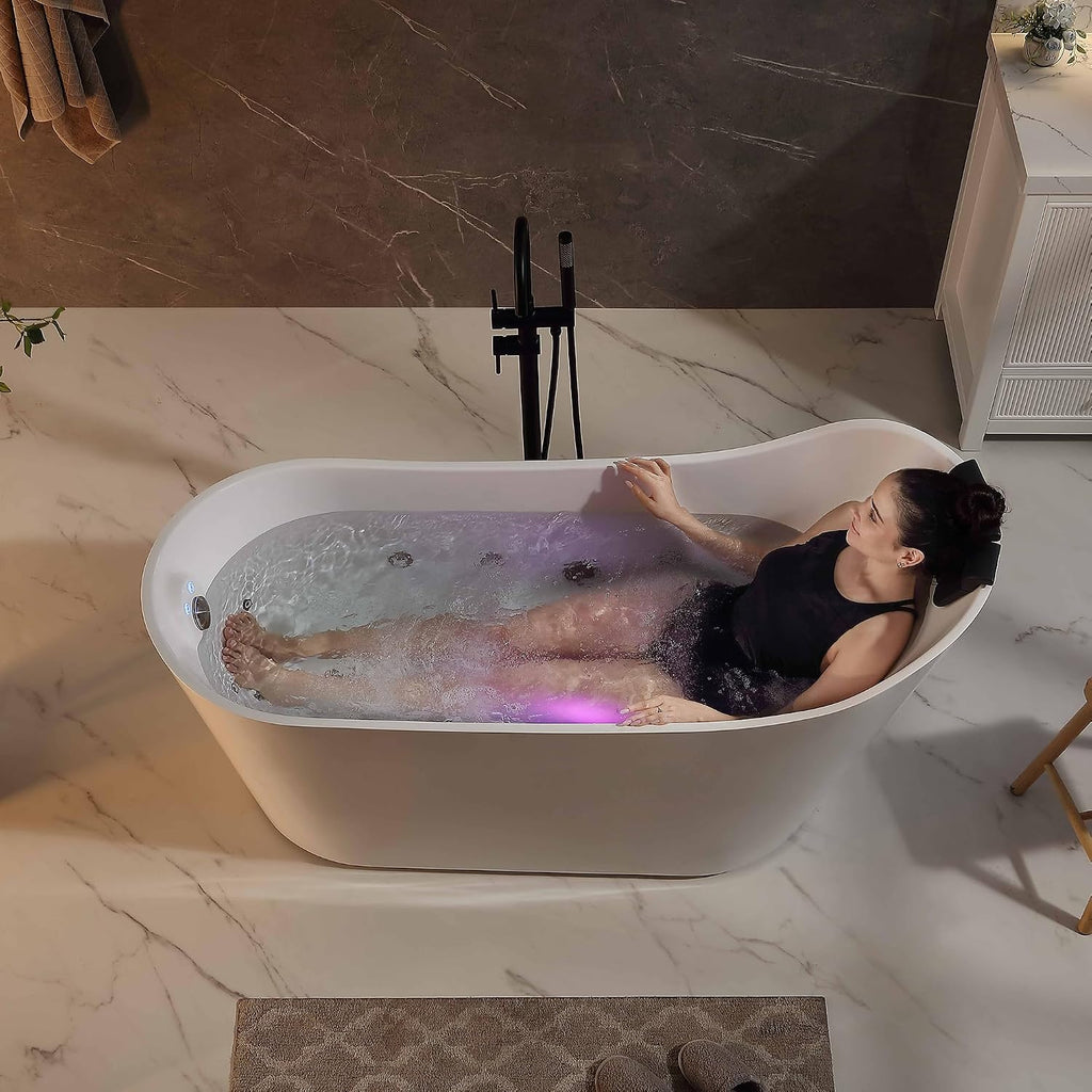 Empava Upgrade Acrylic Whirlpool Bathtub, 67-Inch Freestanding Gracefully Oval Shaped Jetted Bathtub with Healing Chromotherapy, 16 Hydromassage Jets, Single-Ended Bathtubs with Pillow