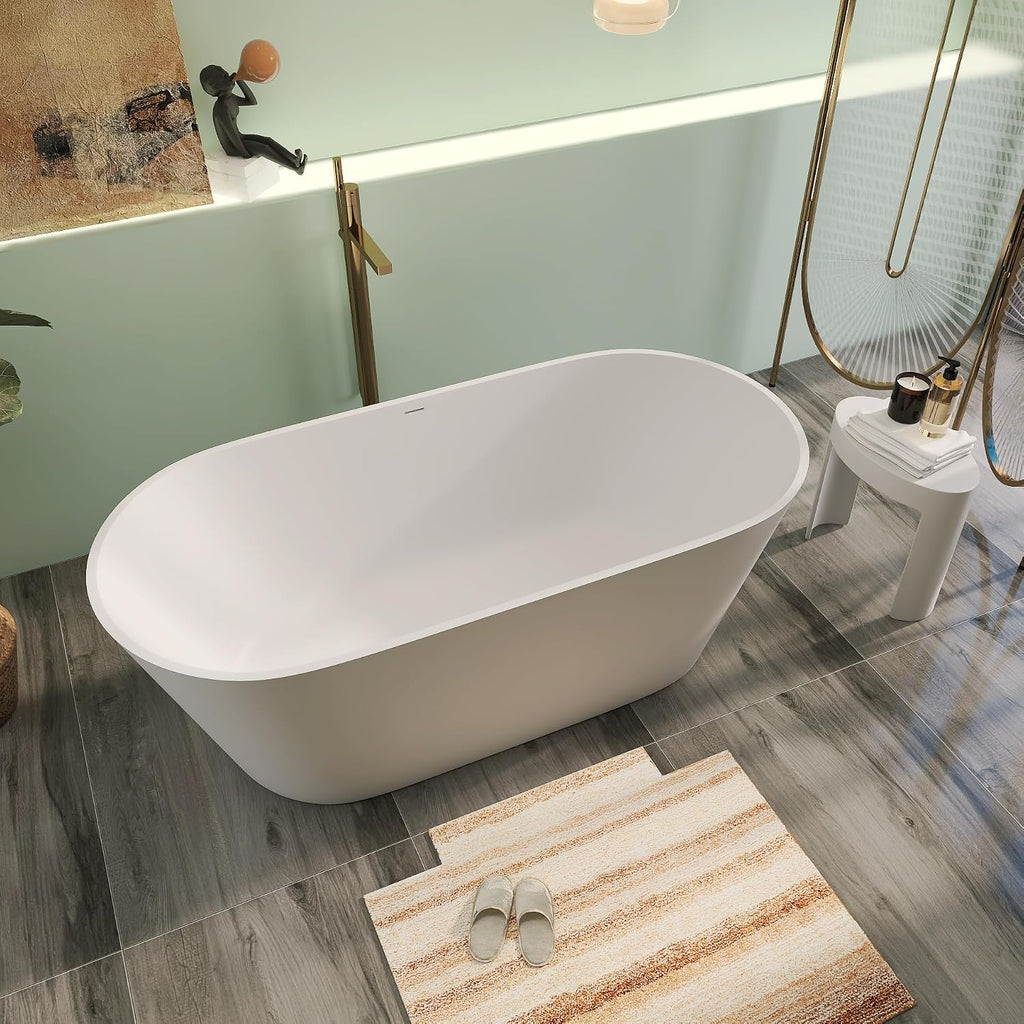 63' Premium Solid Surface Freestanding Bathtubs, Upgraded Oval Stone Resin Soaking Tub with Overflow and Pop-up Drain, Matte White