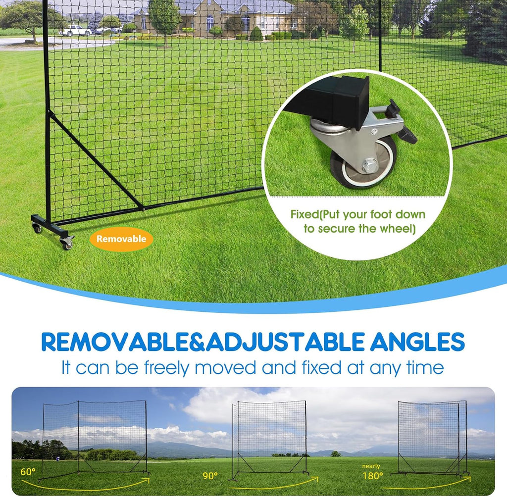 Ball Stop Net System with Wheels Movable Socketed Ball Stop Net Sports Netting Backyard 10FT to 12FT High Backstop Net for Barrier with Post from 10FT to 30FT Wide