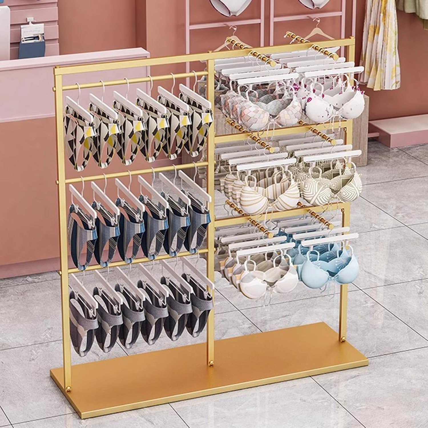 Lingerie Garment Rack Underwear Rack, Freestanding Clothing Store Scarf Storage Organizer Rack, Retail Store Panty Shorts Bra Silk Shawl Display Stand for Boutique Mall (Gold 120X40X130CM)