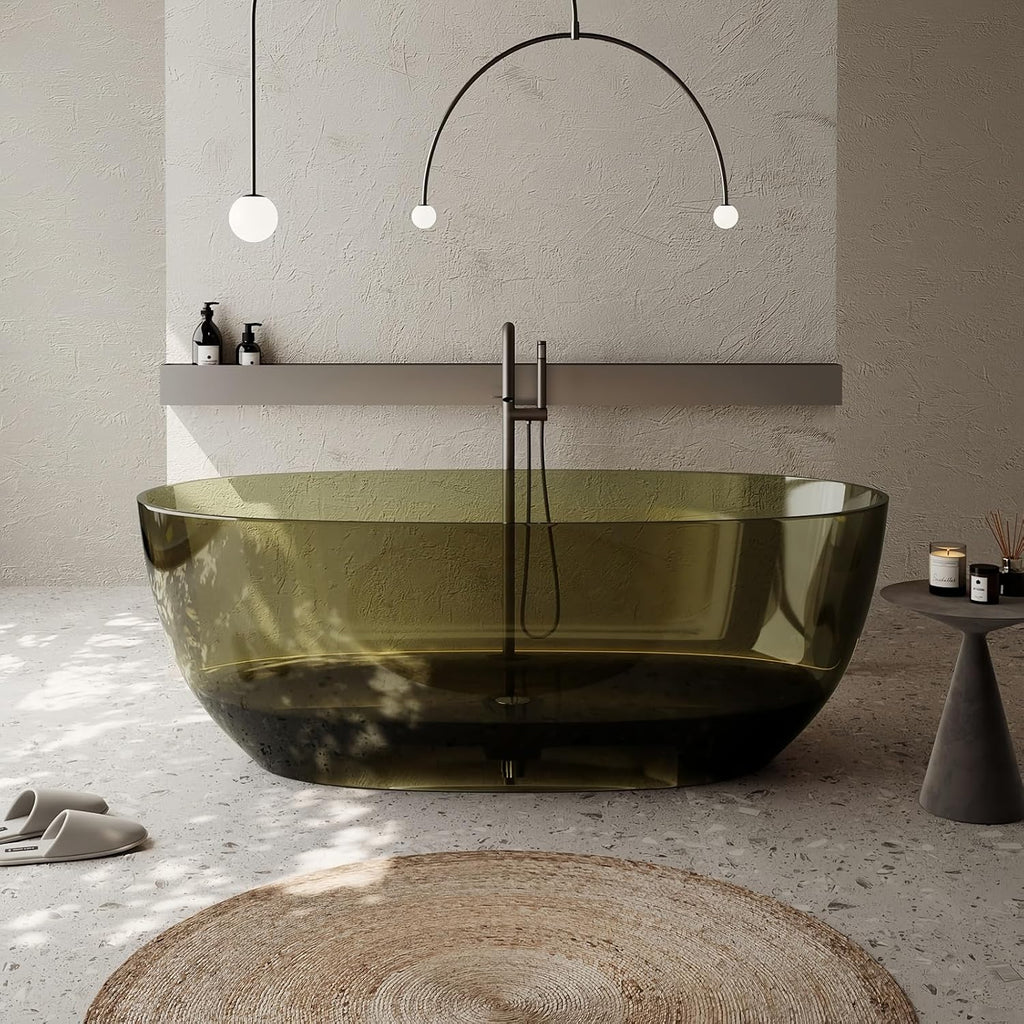 68' Edeyeu Freestanding Bathtub - Clear Oval Resin Extra Deep Soaking Tub, Ergonomic Solid Surface Bathtub Alternative With Handcrafted Finish for Luxury Modern Bathrooms Green