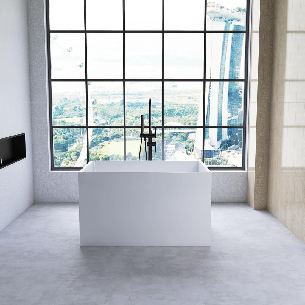 43' Freestanding Bathtubs Free Standing Tubs with Seat，Spacious Rectangular Shape Modern Japanese Bathtub， Chrome Slot Overflow and Pop-Up Drain，CUPC Certified，White,DJ014-1100