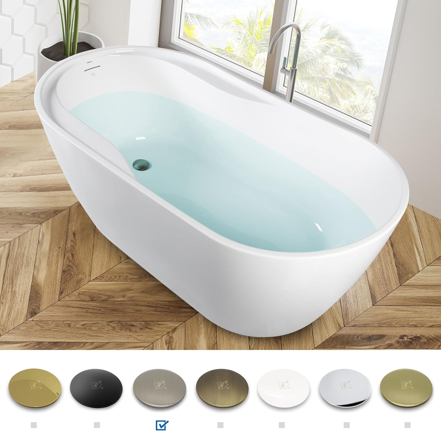 FerdY Lana'i 60' Freestanding Bathtub, Gracefully Shaped Freestanding Soaking tub, Glossy White, cUPC Certified, Brushed Nickel Drain Assembly