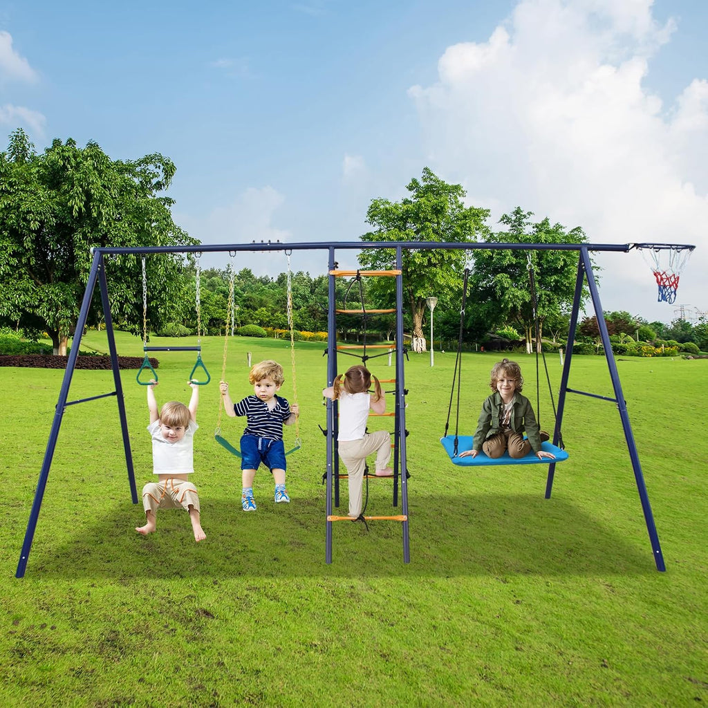 6 in 1 Backyard Swing Set, Heavy Metal A-Frame, Trapeze bar, Climbing net and Ladder, Basketball Hoop, Children's Outdoor Playground Swing Cover