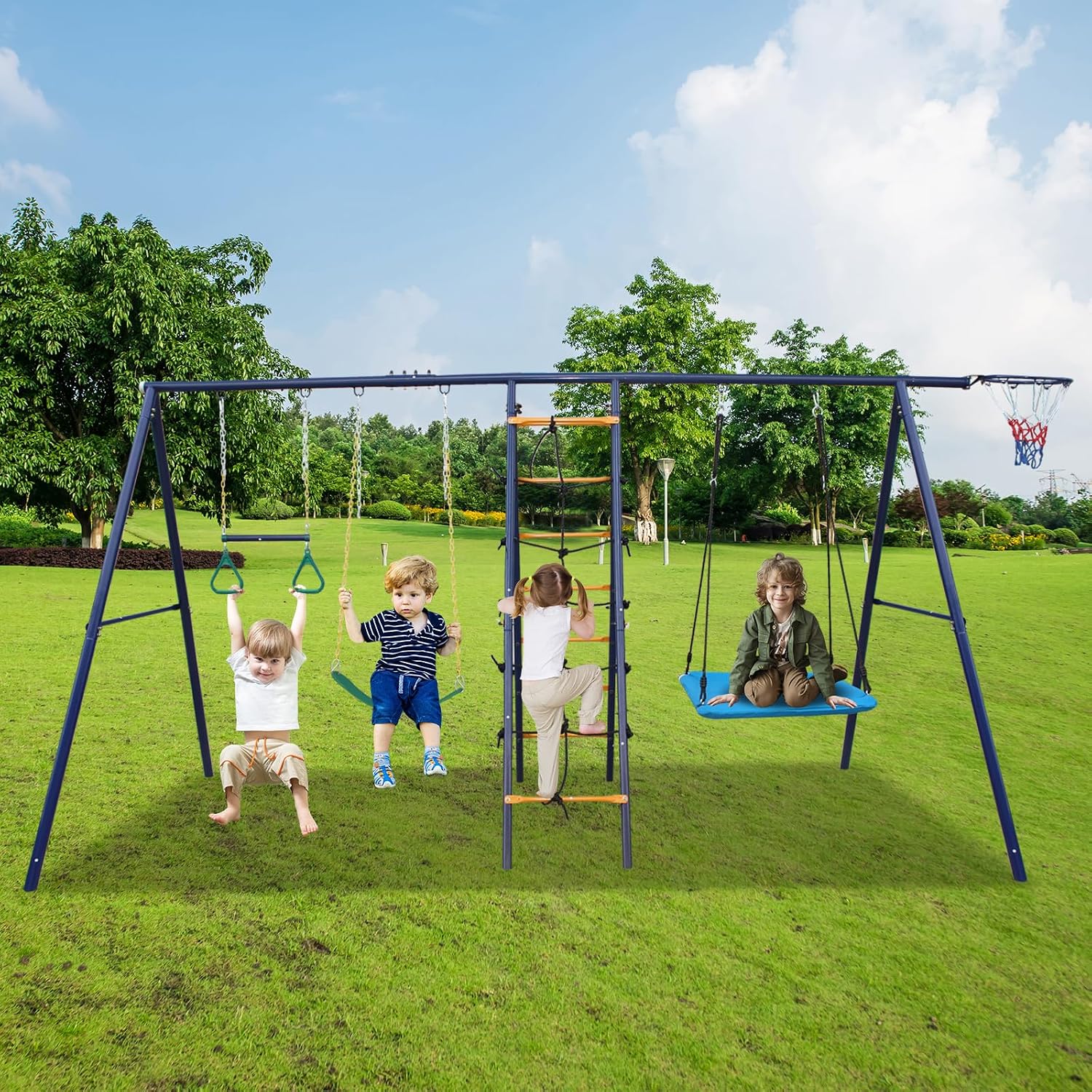 6 in 1 Backyard Swing Set, Heavy Metal A-Frame, Trapeze bar, Climbing net and Ladder, Basketball Hoop, Children's Outdoor Playground Swing Cover