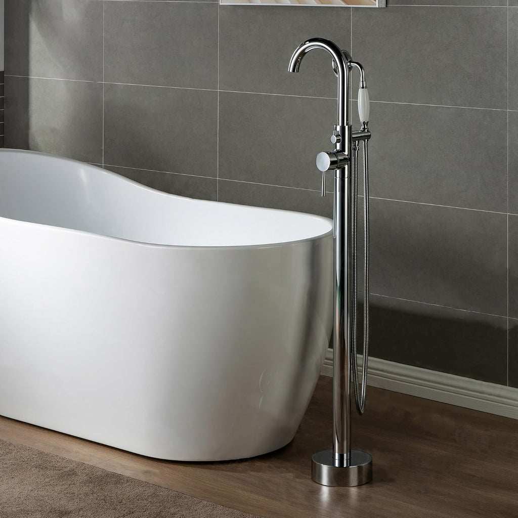WOODBRIDGE F0002CHVT Fusion Single Handle Floor Mount Freestanding Tub Filler Faucet with Telephone Hand shower in Polished Chrome Finish