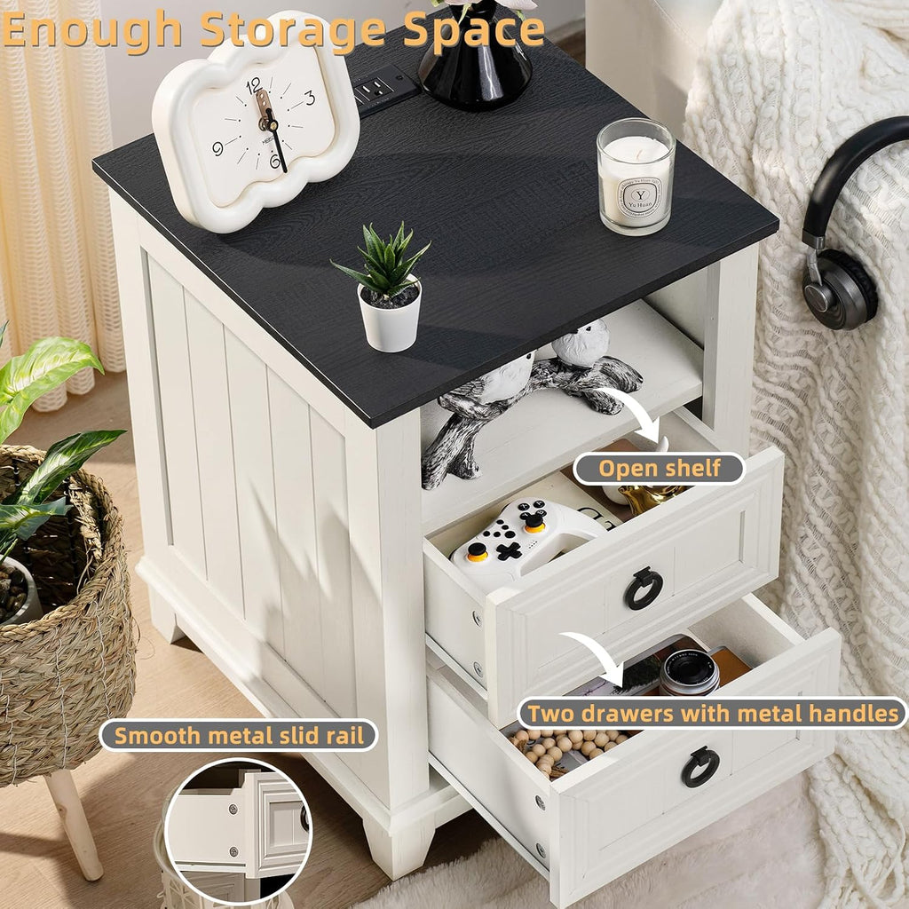 Joaxswe 18' Farmhouse Night Stands Set of 2 with Charging Station, 2 Drawers End Table Dresser for Bedroom， Wooden Nightstand, Bed Side Table with Open Shelf, Bedside Cabinet for Living Room（White）