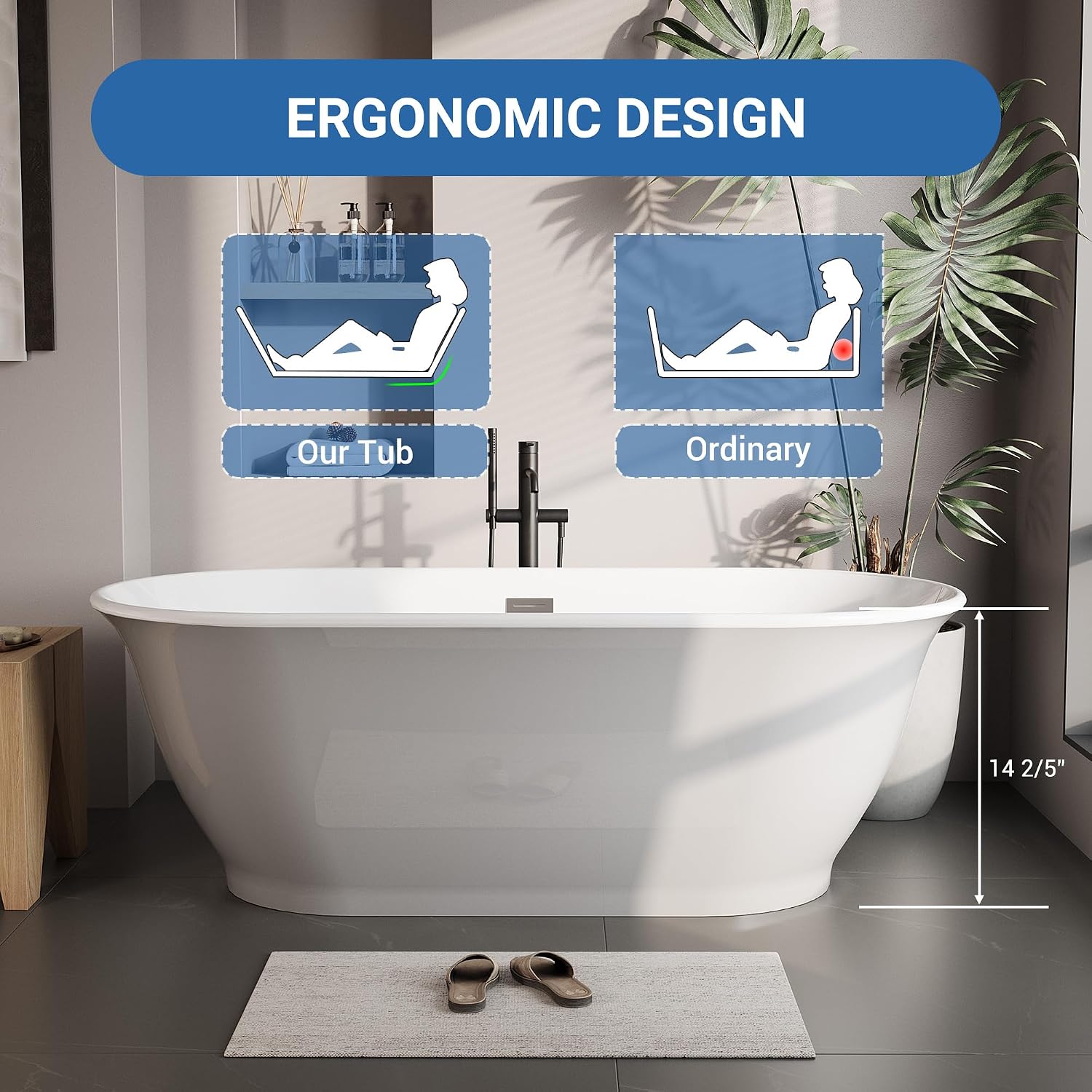 67 Inch Acrylic Freestanding Bathtub, Luxury Oval Soaking Tub, Modern Stand Alone Bath In Grey & White, with Chrome Drain, Overflow, Deep Soak Freestanding Tub for Bathroom