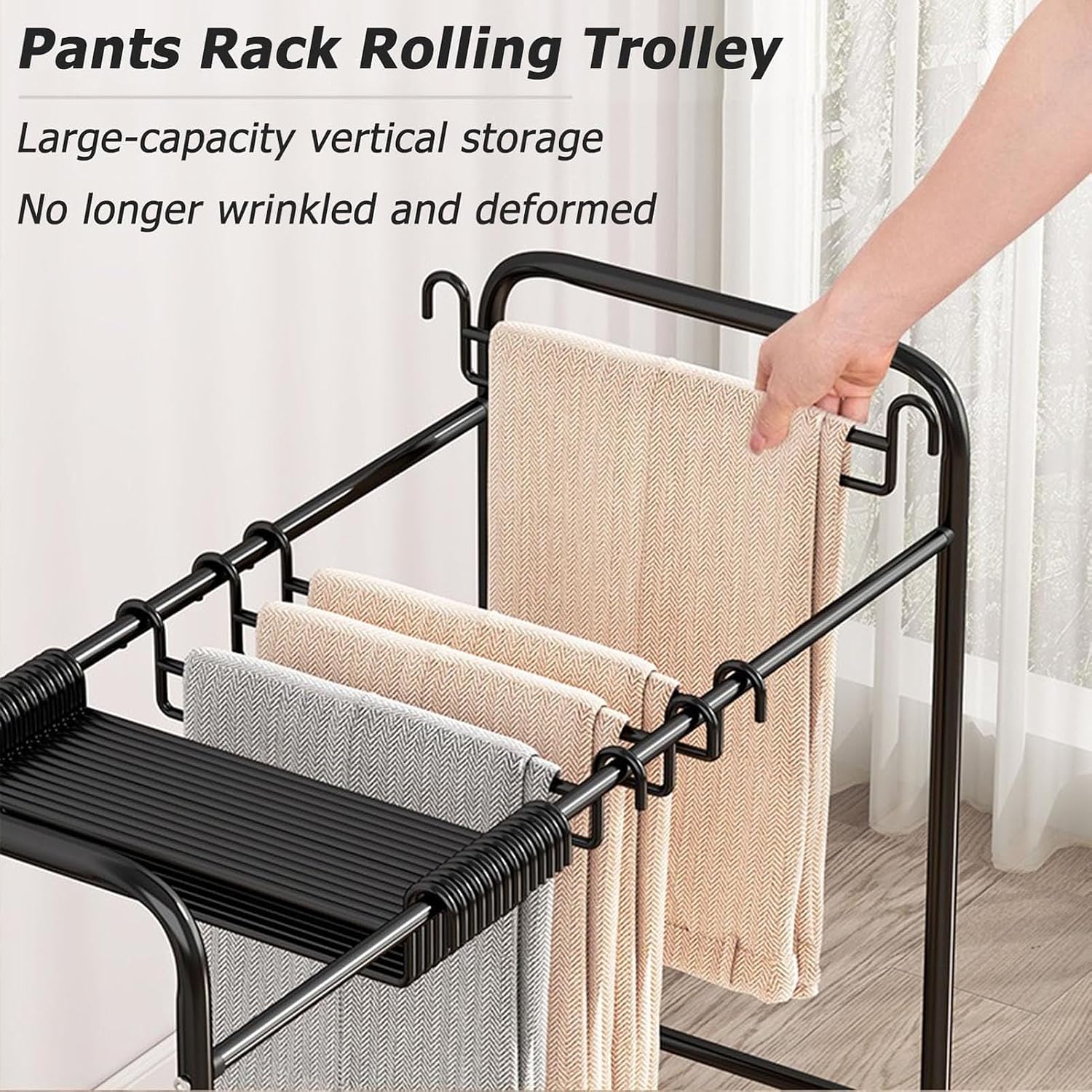 Metal Pants Rack on Wheels - Space-Saving Floor Standing Trousers Organizer & Closet Shelf for Easy Mobility and Efficient Storage Solutions