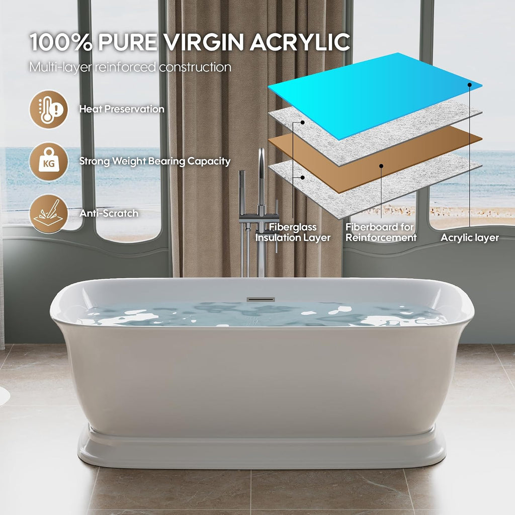 WELLFOR 67'Freestanding Acrylic Bathtub with Drain and Integrated Slotted Overflow, Glossy White 74 Gallons Capacity Soaking Bath Tub with Predrilled Overflow Holes, Soaking Bath Tub Oval Shape