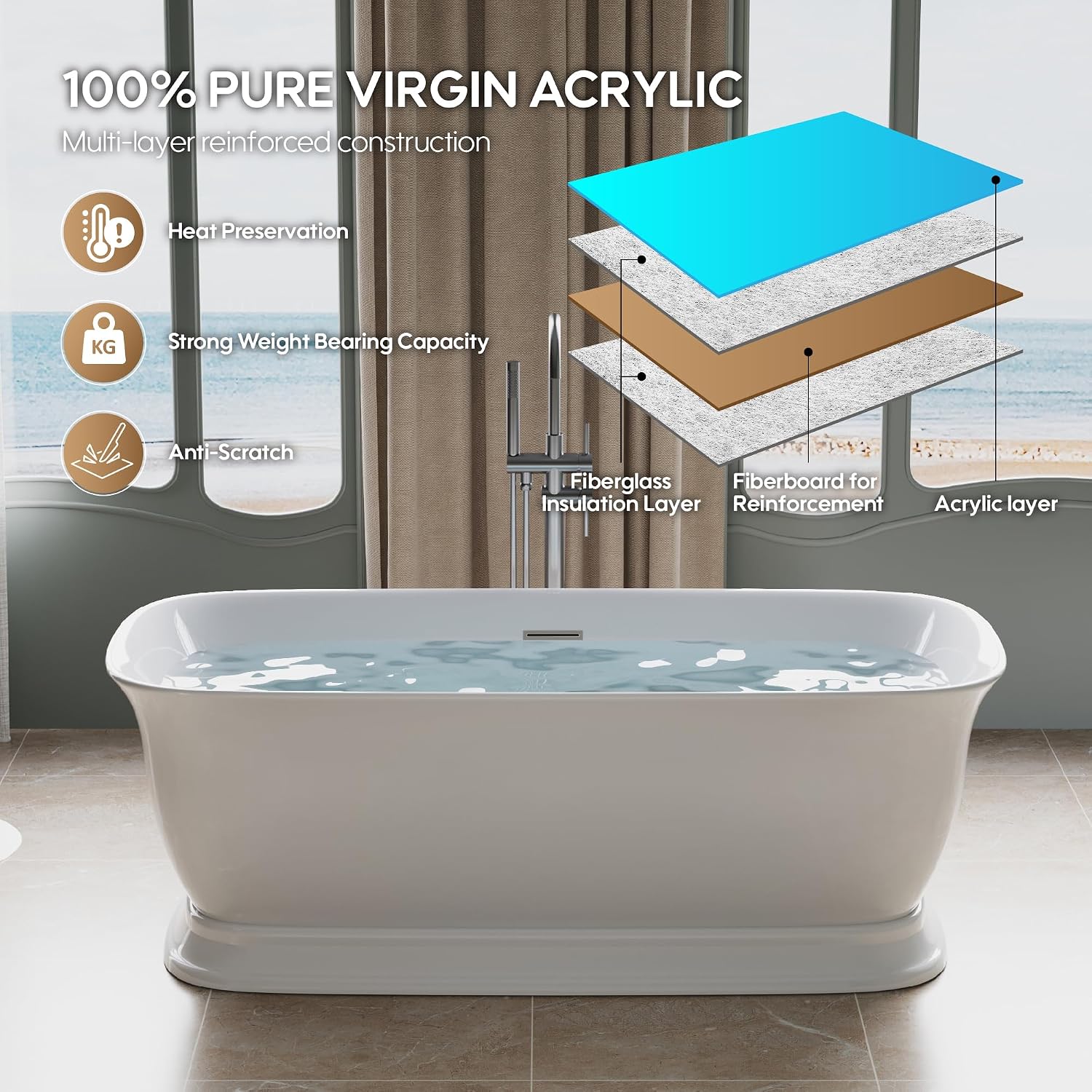 WELLFOR 67'Freestanding Acrylic Bathtub with Drain and Integrated Slotted Overflow, Glossy White 74 Gallons Capacity Soaking Bath Tub with Predrilled Overflow Holes, Soaking Bath Tub Oval Shape