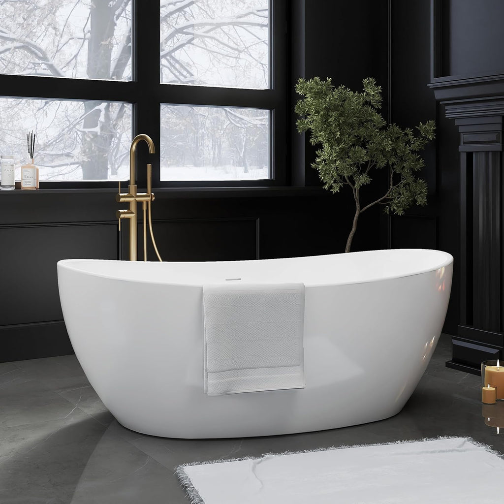 60' Acrylic Free Standing Tub, Freestanding Bathtub, Stand Alone Tub, Soaking Tubs for Bathroom, Integrated Overflow and Drain, cUPC Certified, Gloss White