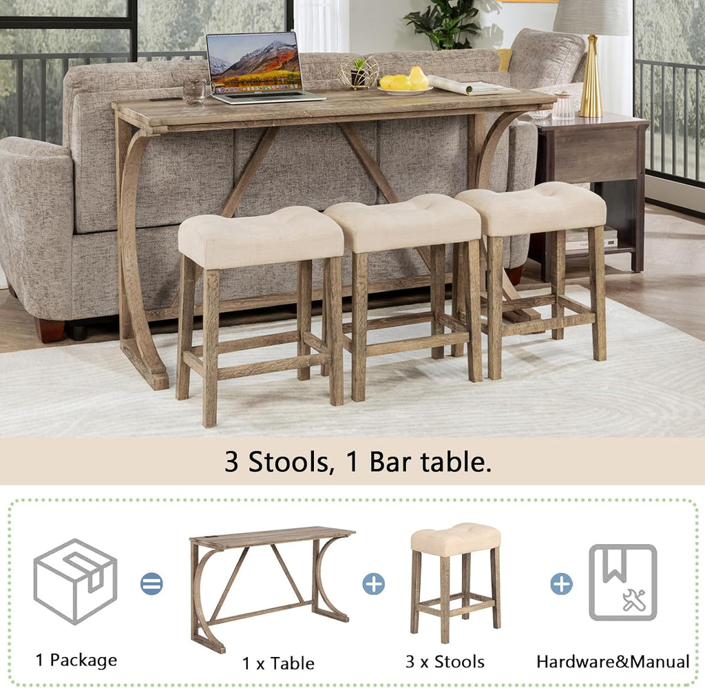Polibi 4-Piece Farmhouse Counter Height Dining Set,Bar Table and Chairs Set,Bar Table with Power Outlet and 3 Padded Saddle Seat Stools for Living Room,Dining Room,Game Room,Brown