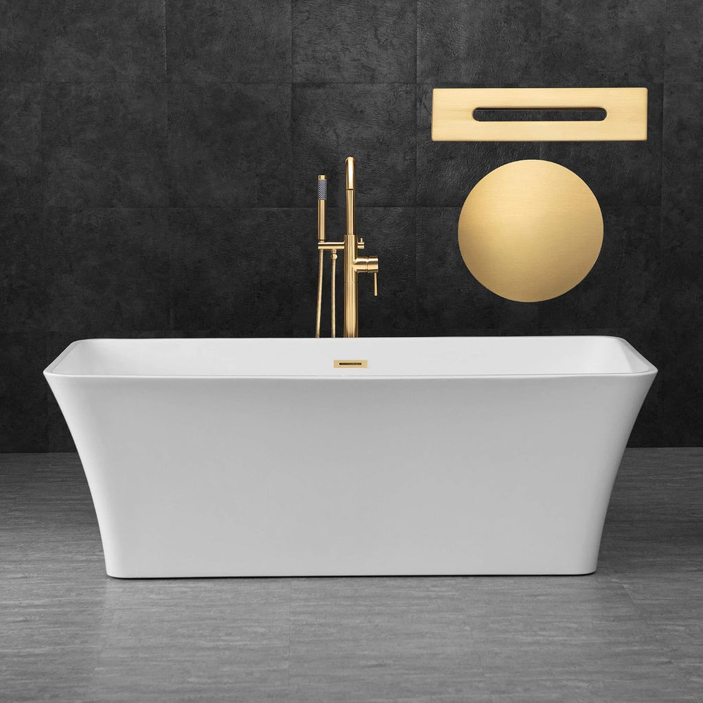 WOODBRIDGE 67' Acrylic Freestanding Bathtub Contemporary Soaking Tub, White Acrylic (Brushed Gold Drain/Overflow), B0004 -G-Drain &O