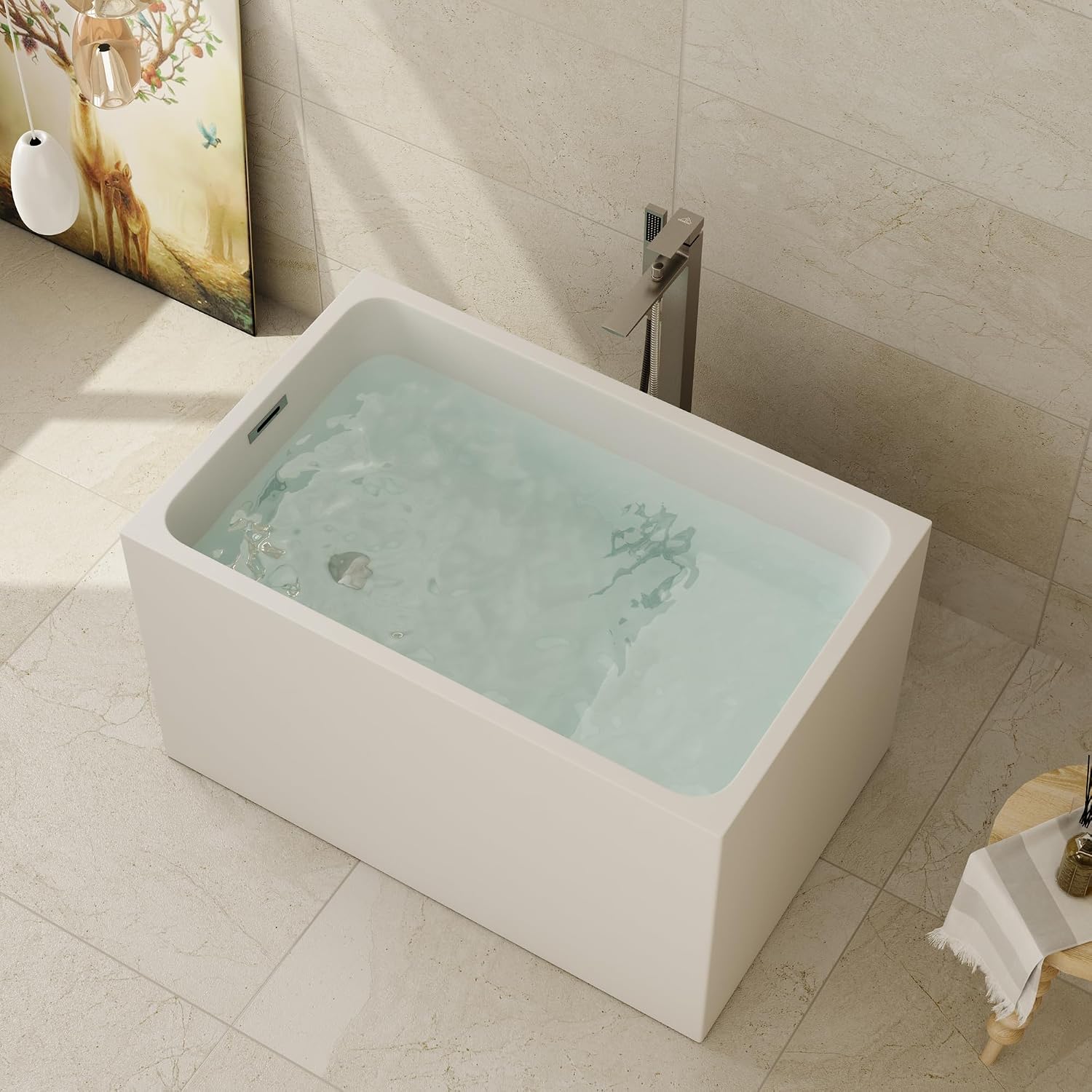CASAINC 43' Acrylic Freestanding Bathtub with Seat, Spacious Rectangle Shape Soaking Tub, Soaking Stand Alone Tub with Chrome Overflow and Pop Up Drain, Gloss White