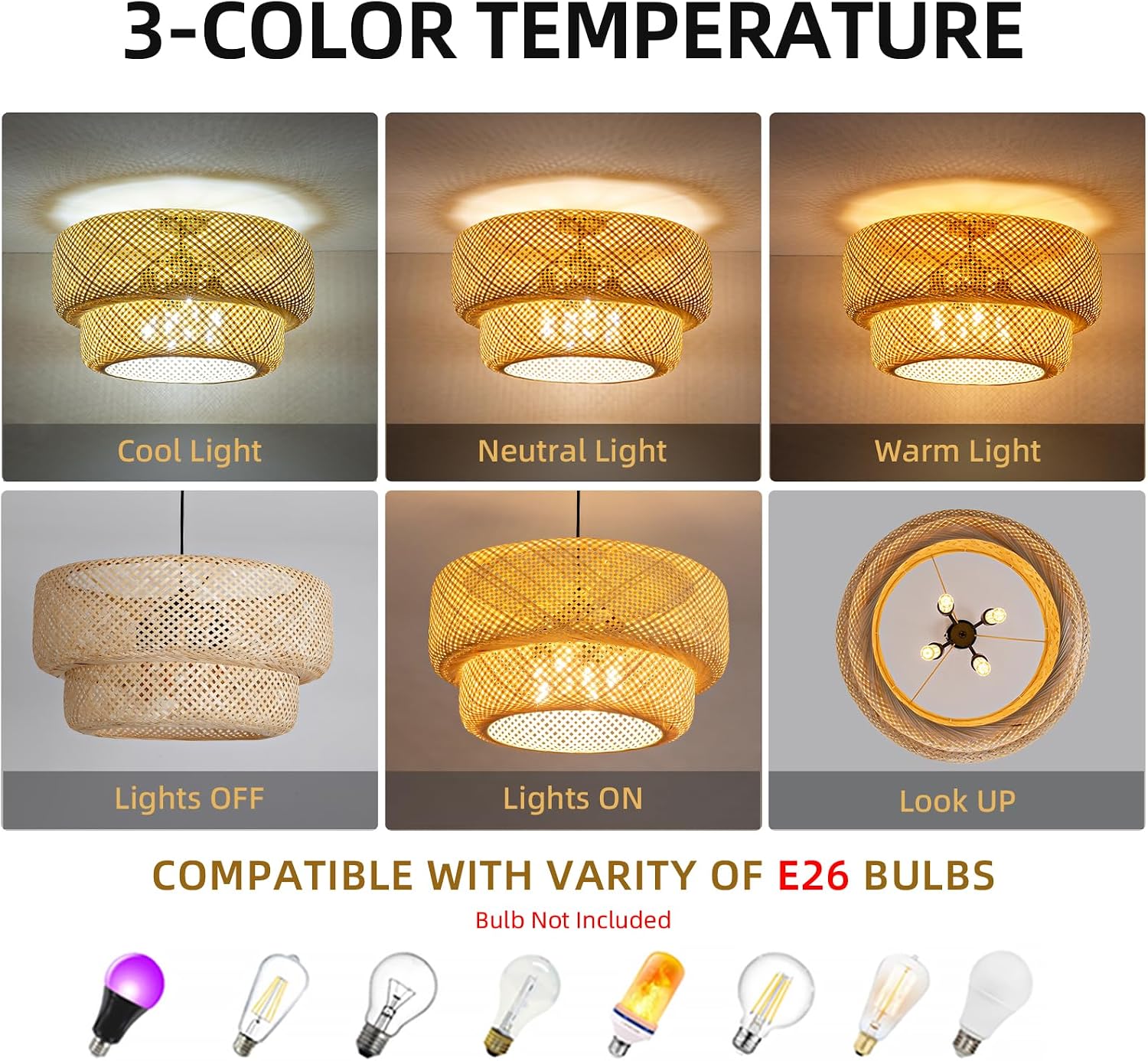 23.62' Bamboo Pendant Light,Boho Rattan Hanging Light,Hand Woven Wicker Chandelier for Kitchen Island for Kitchen Island Dining Bedroom Living Room Restaurants